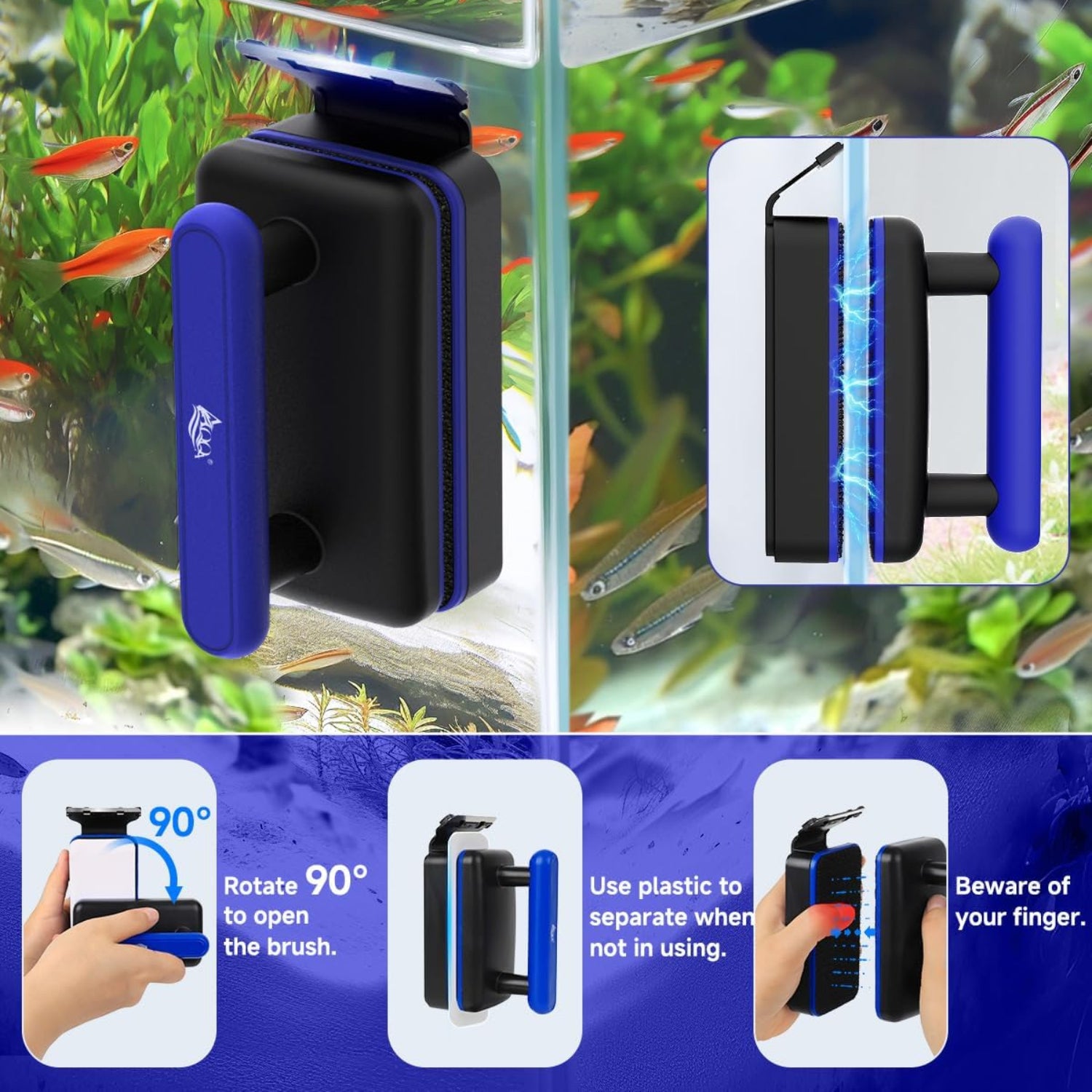 AQQA magnetic aquarium glass cleaner with dual blades for algae removal on a clear fish tank glass.