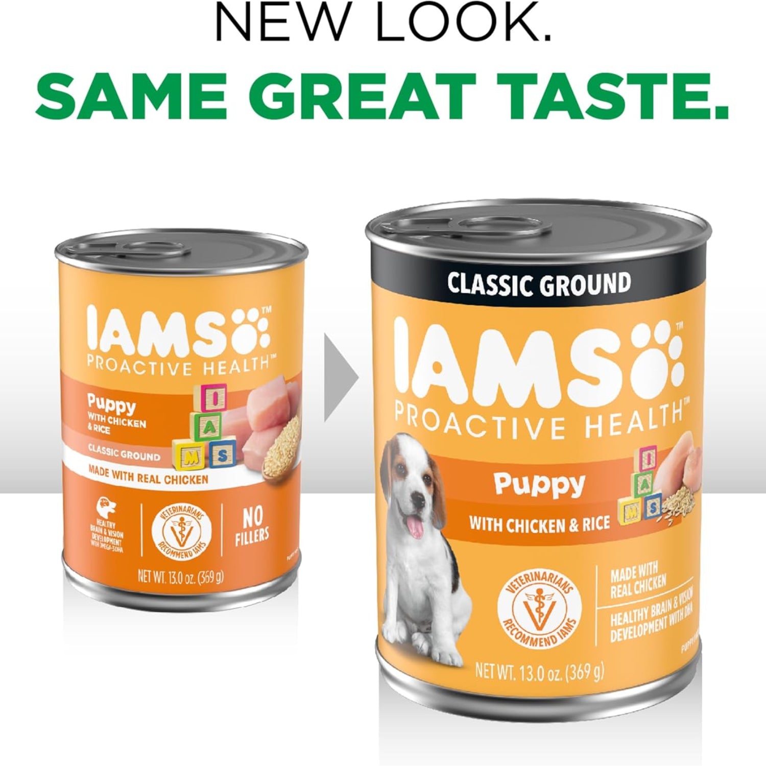 IAMS Proactive Health puppy wet dog food in classic ground formula, 12-pack of canned dog food with meat and gravy.