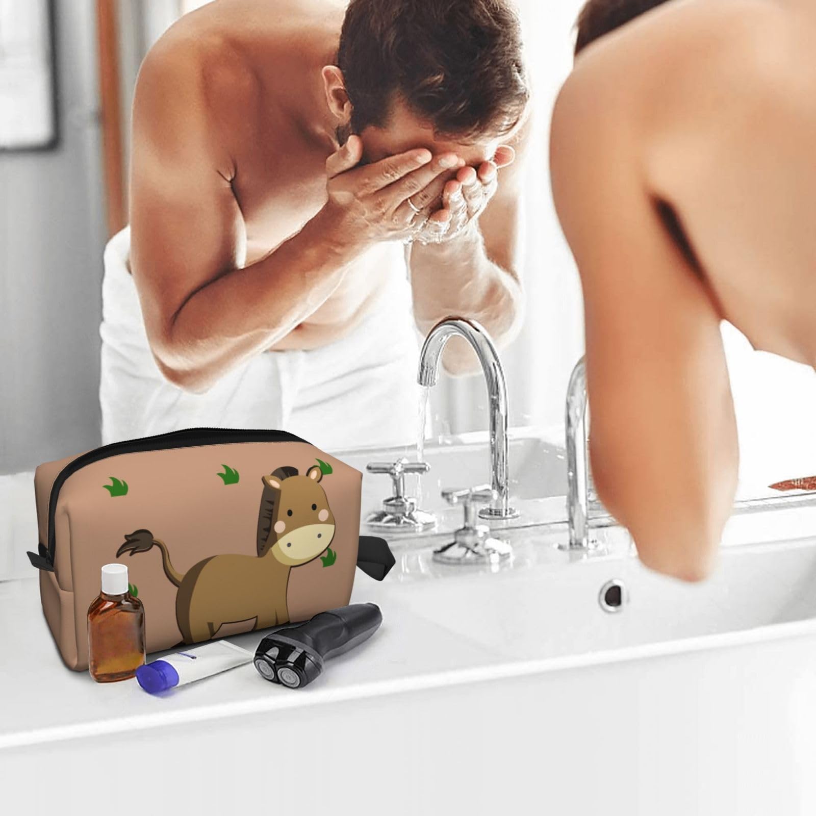 SXZVVBN cartoon donkey large capacity travel toiletry bag made of durable oxford cloth, perfect for cosmetics and makeup organization.