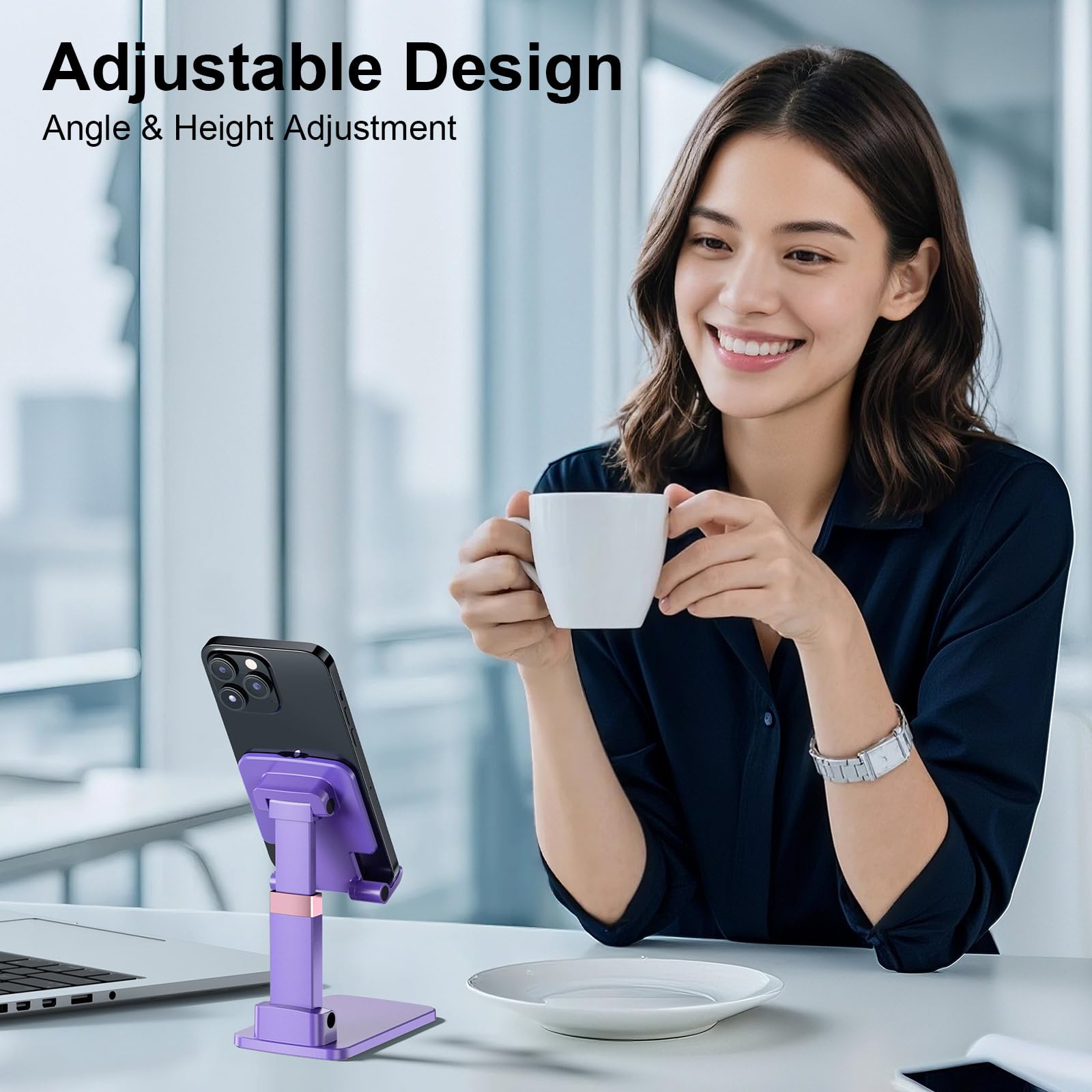 Cute Meizigua portable phone stand holding an iPhone, ideal for desk or office use, compact electronic device holder.