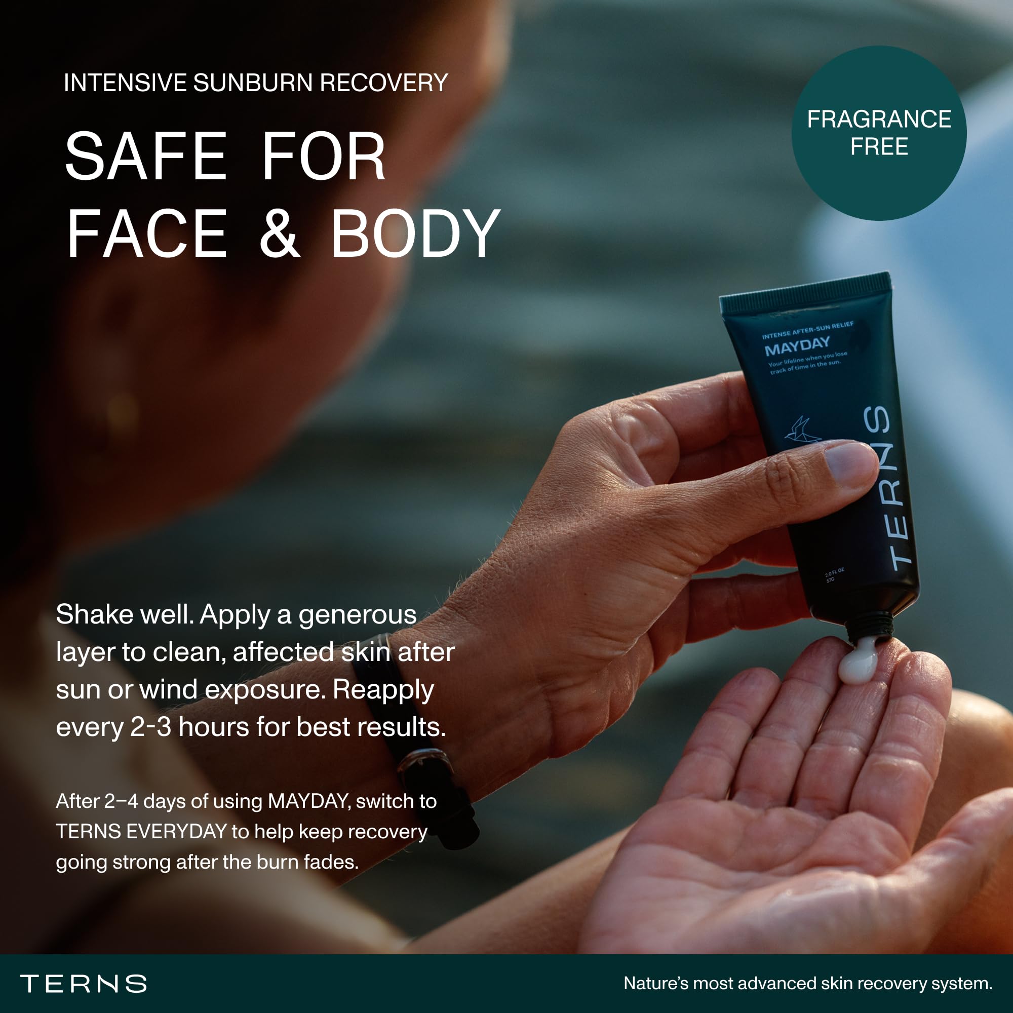 TERNS Mayday after sun lotion in a 2 oz bottle, moisturizing skin and relieving burn and peeling with soothing ingredients.