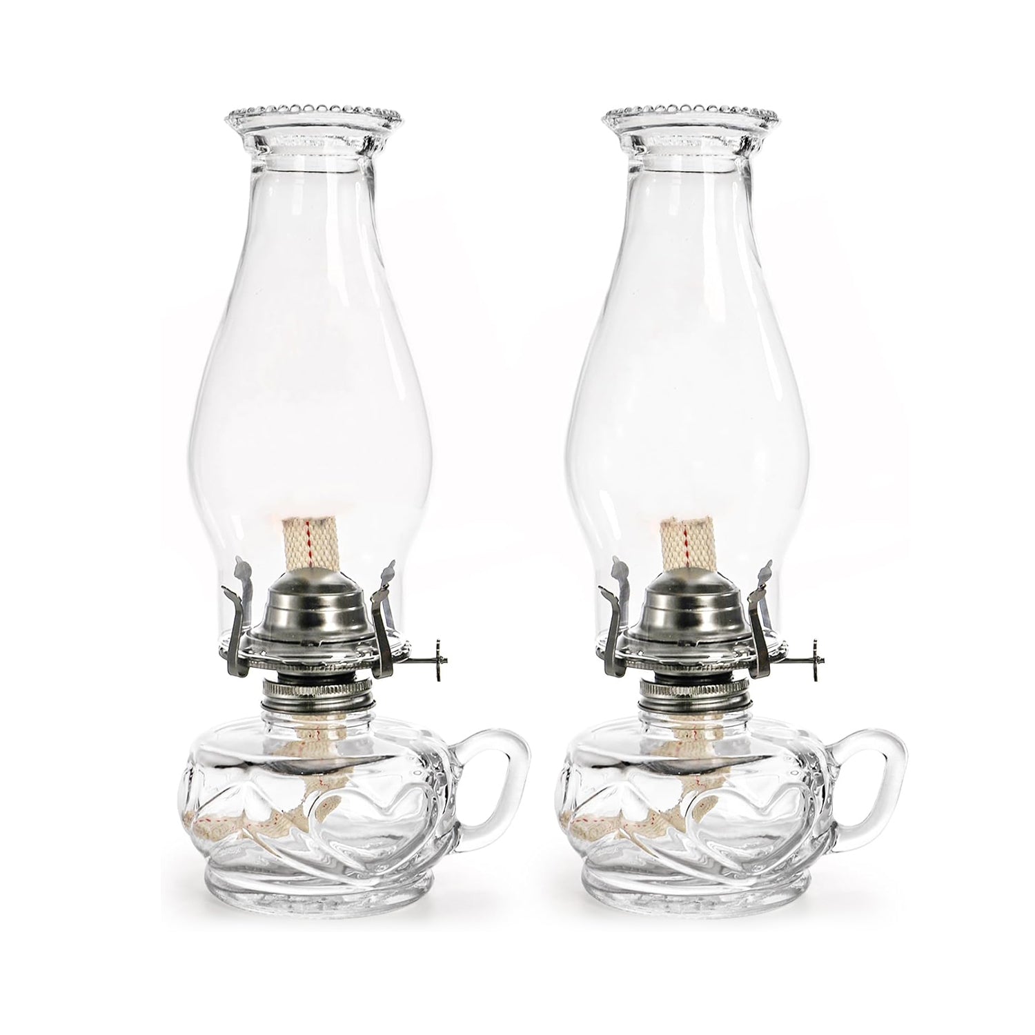 Two clear vintage glass lantern chamber lamps, 12 inches tall, by ZAVOOS, featuring intricate glass detailing and metal accents.
