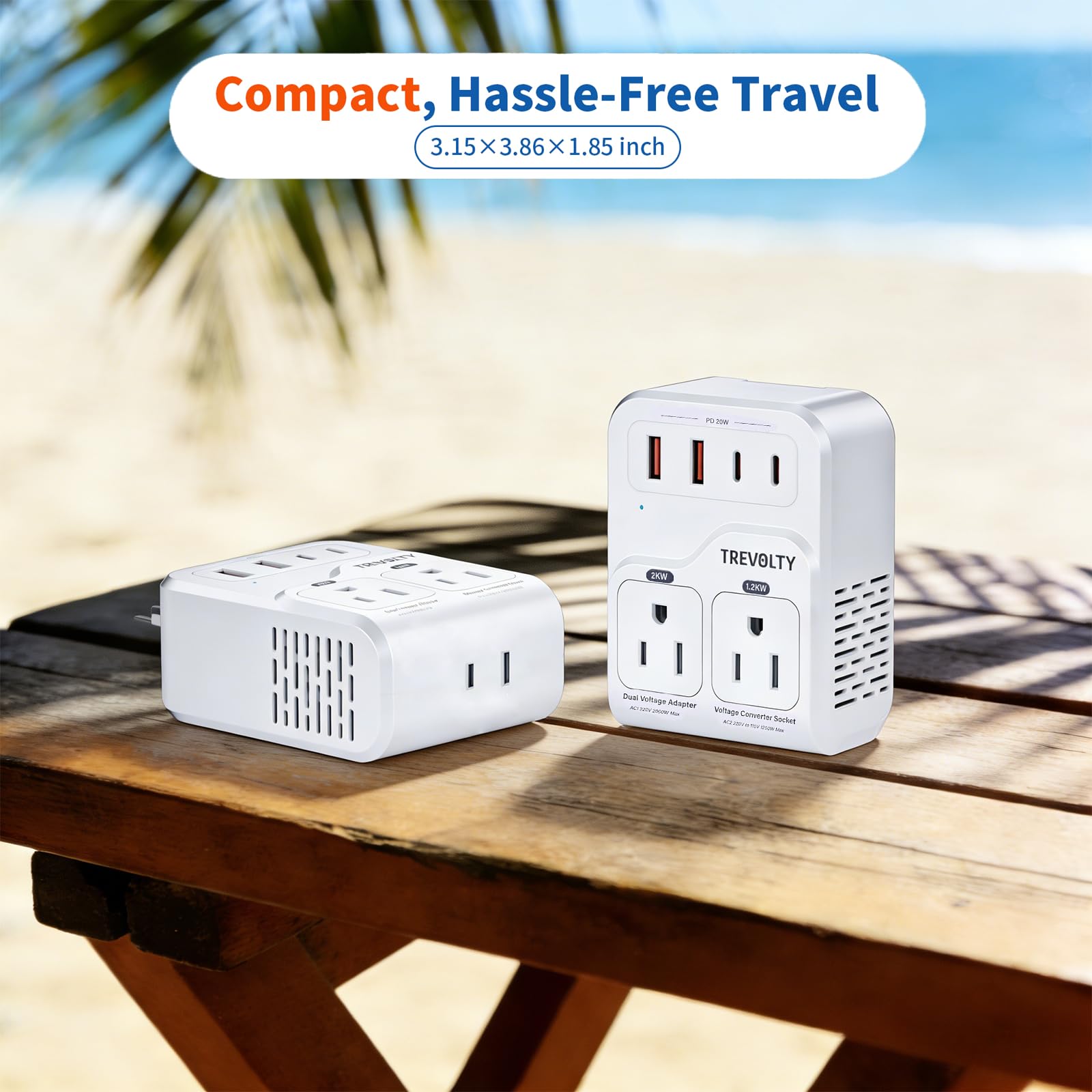 TREVOLTY 2000W power converter for US to Europe, with 7-in-1 outlets, USB ports, and Type C plug for travel and hair dryers.