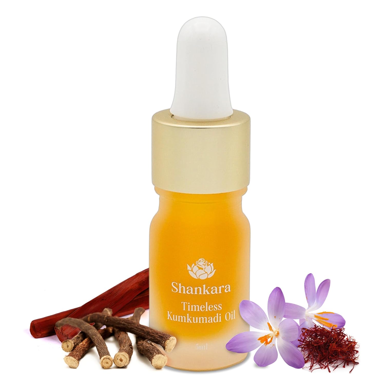Shankara Kumkumadi Oil for face with pure saffron and 32 Ayurvedic flowers, in a glass bottle with dropper cap.