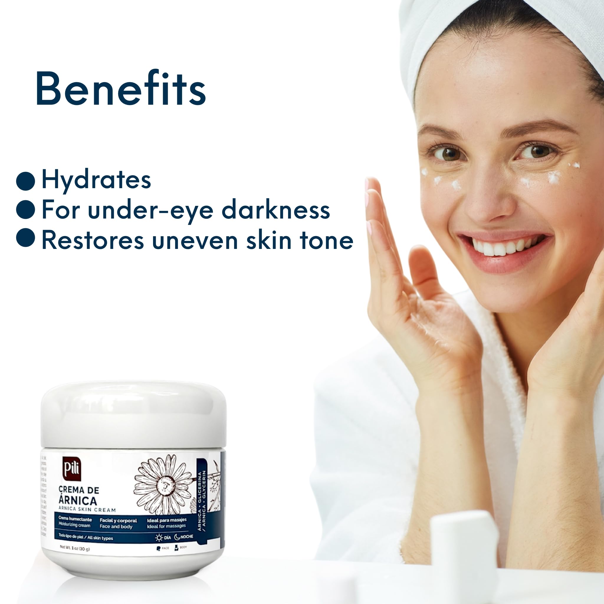 Pili Natural Arnica Cream moisturizer for face and body, soothing dry, irritated skin with fast-absorbing, non-greasy formula.