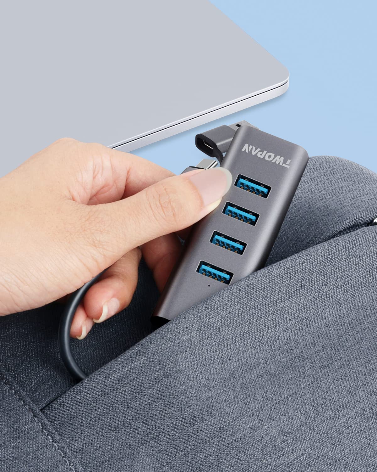 TWOPAN 4-Port USB 3.0 Hub for Laptop, Aluminum Alloy, USB-A & USB-C Plugs, 5Gbps Data Transfer, Compatible with MacBook Pro/Air, iMac, iPhone 16/15, Desktops, Tablets, Keyboard, Mouse, Mobile HDD