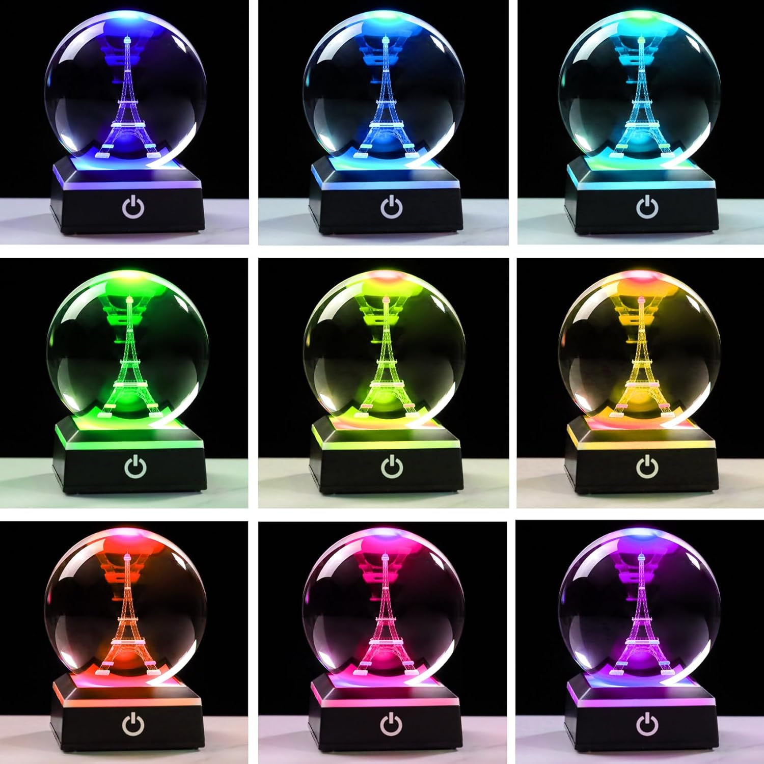 Enjinkail 3D crystal snow globe featuring Paris Eiffel Tower, decorative glass ball with snow and cityscape inside.