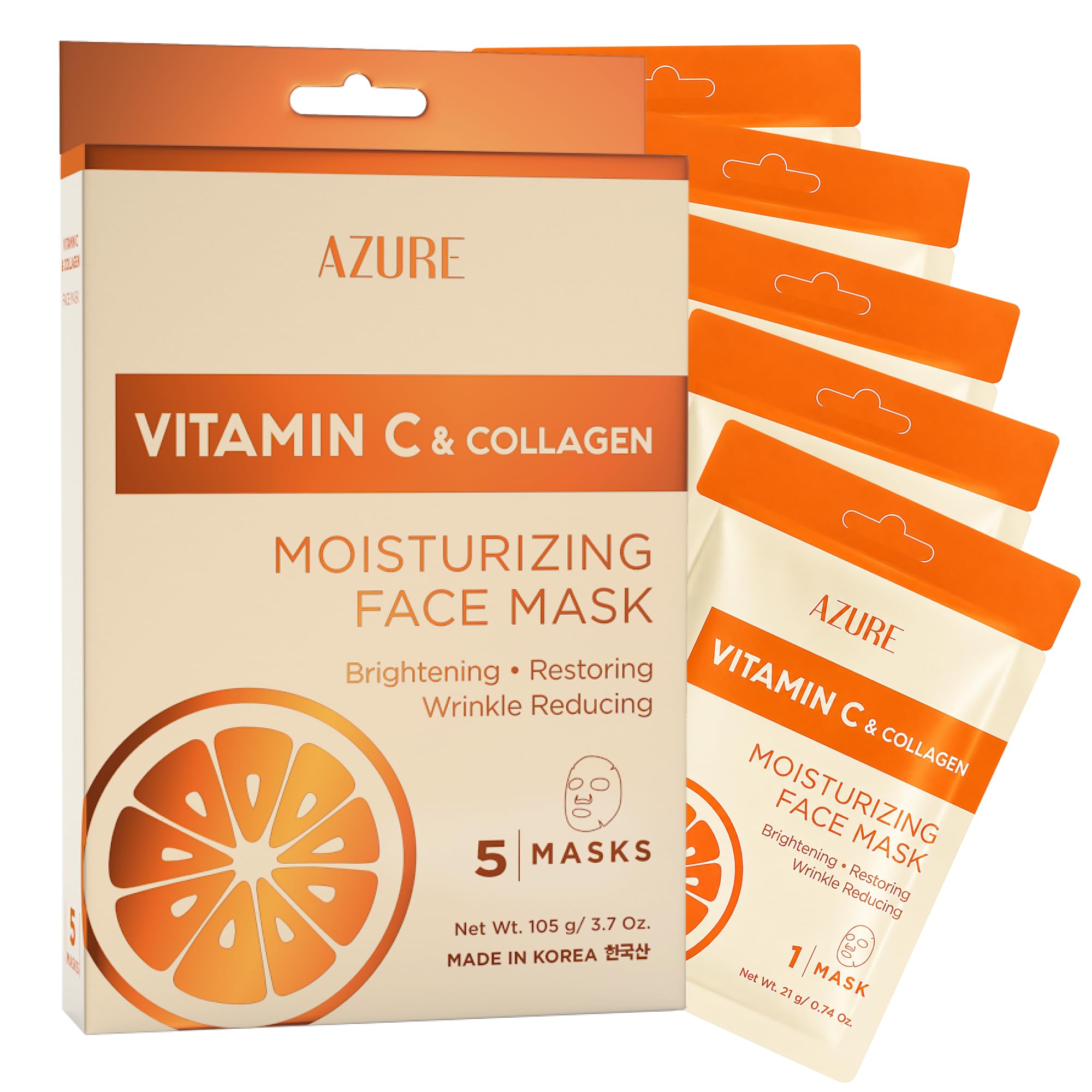 Vitamin C &amp; Collagen Korean Sheet Masks, Dermatologist Tested - Azure Cosmetics