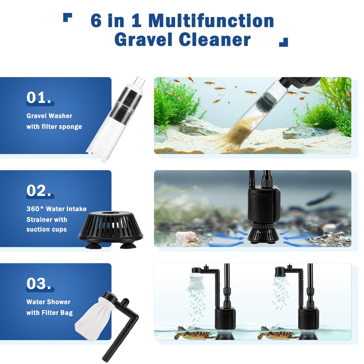 AQQA Electric Aquarium Vacuum Gravel Cleaner 6 in 1 Fish - AQQA Official Imagery - 3