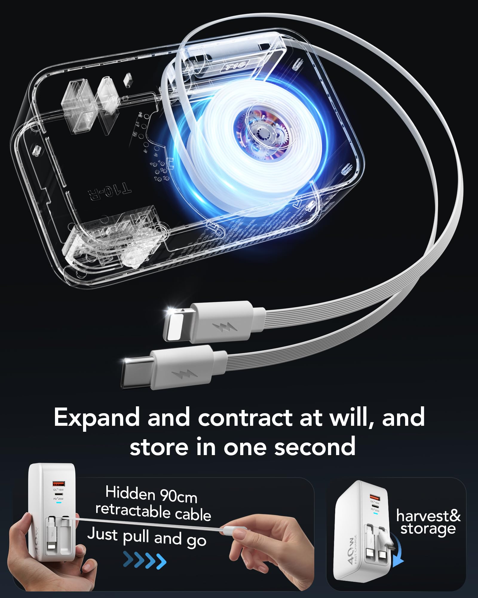 HATALKIN 4-in-1 Retractable USB C Wall Charger,40W Fast Charging by HATALKIN - Angle View 3