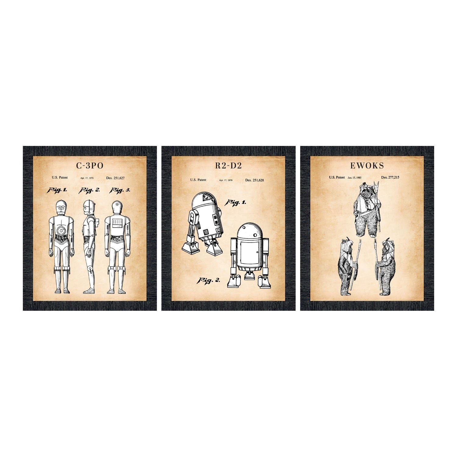 R2-D2, C-3PO and Ewoks Three Framed Patent Print Set, Vintage - Product Imagery