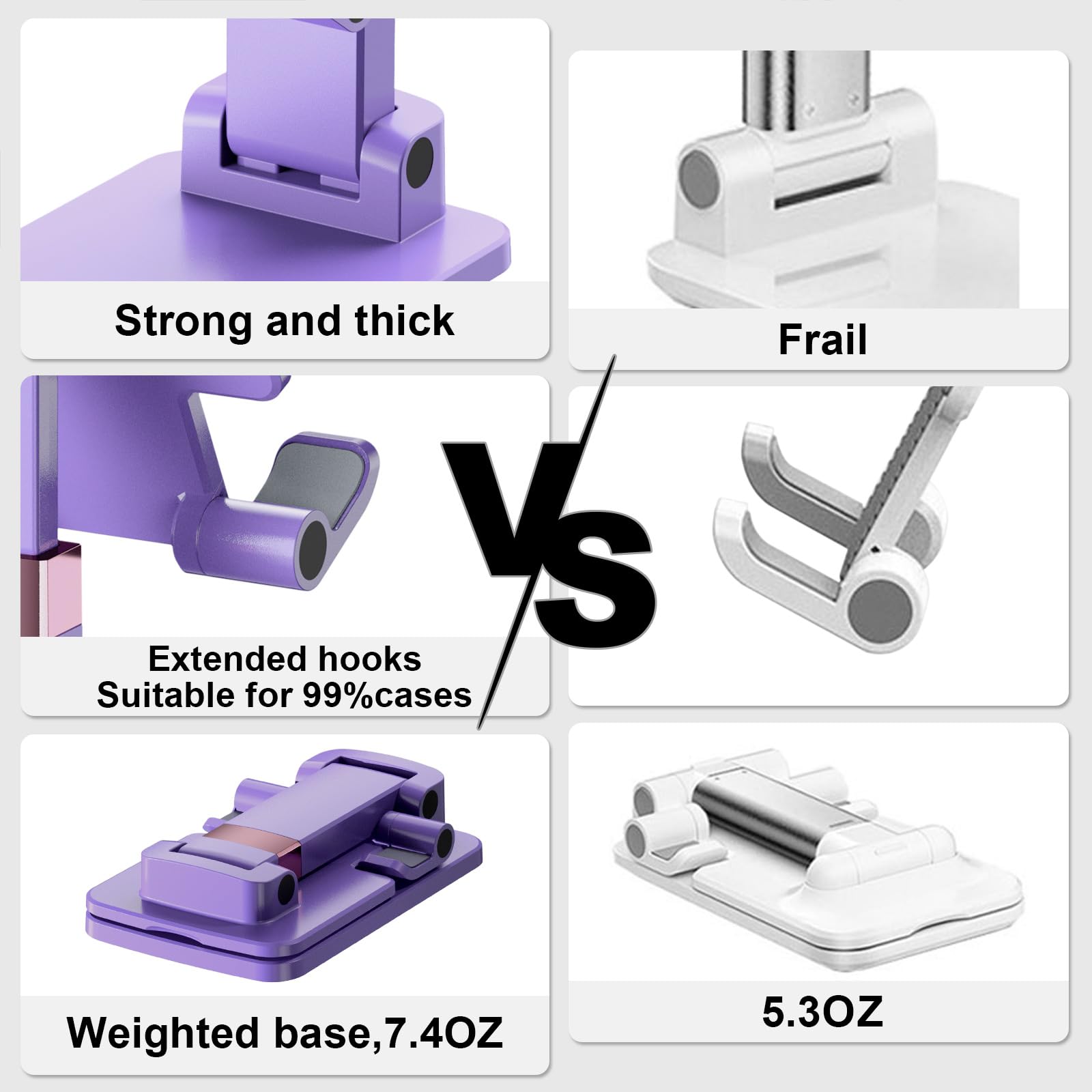Cute Meizigua portable cell phone stand holding an iPhone, ideal for desk or office use, compact electronic device holder.