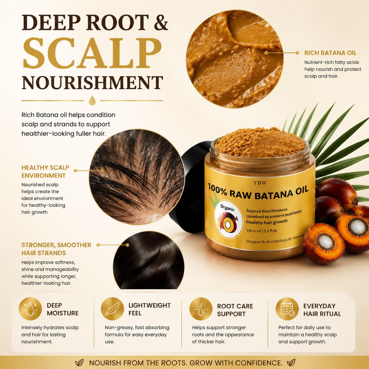 YBW Raw Batana Oil for Hair, Pure Honduran Batana Hair Oil for Dry & Damaged - YBW Official Product View 4