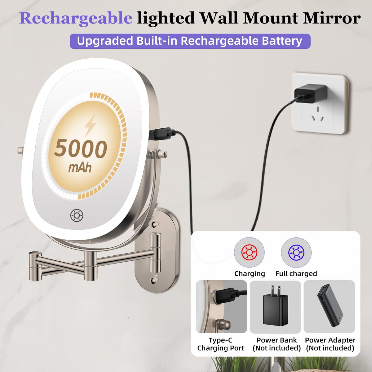 FUNTOUCH 5000mAh Rechargeable Wall Mounted Lighted Makeup - FUNTOUCH Official Imagery - 5
