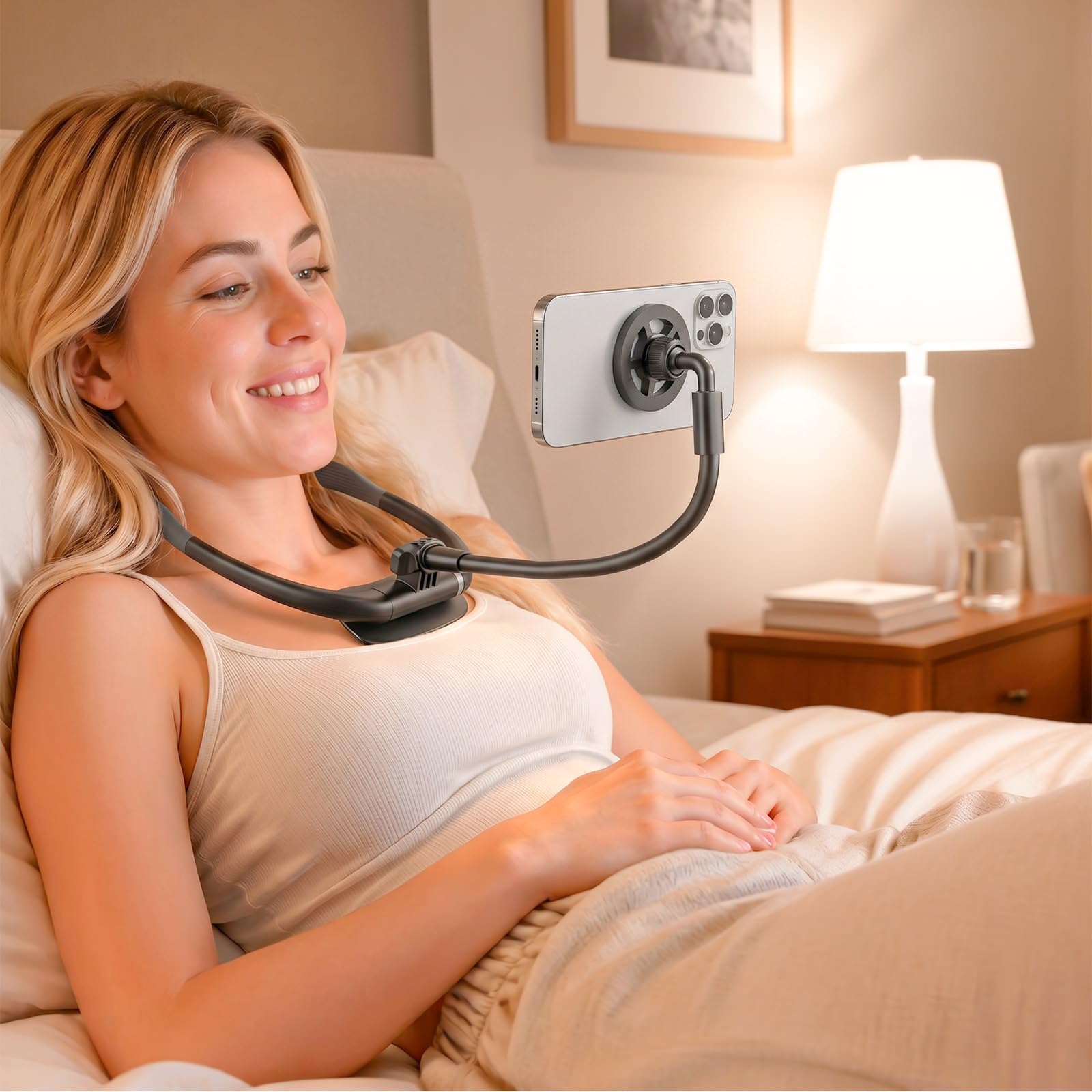 LenTok magnetic neck phone holder for iPhone, portable electronic device stand, hands-free for reading, watching, and video recording.