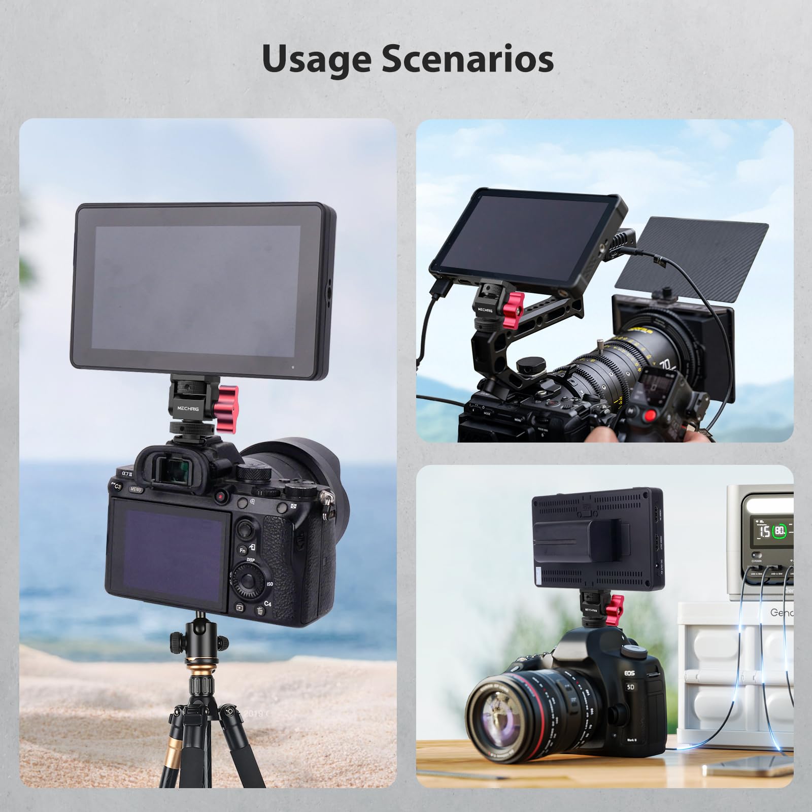Mechrig mini camera monitor mount with cold shoe, aluminum bracket, 1/4" screw, 360° swivel, 180° tilt for LED lights and mic cages