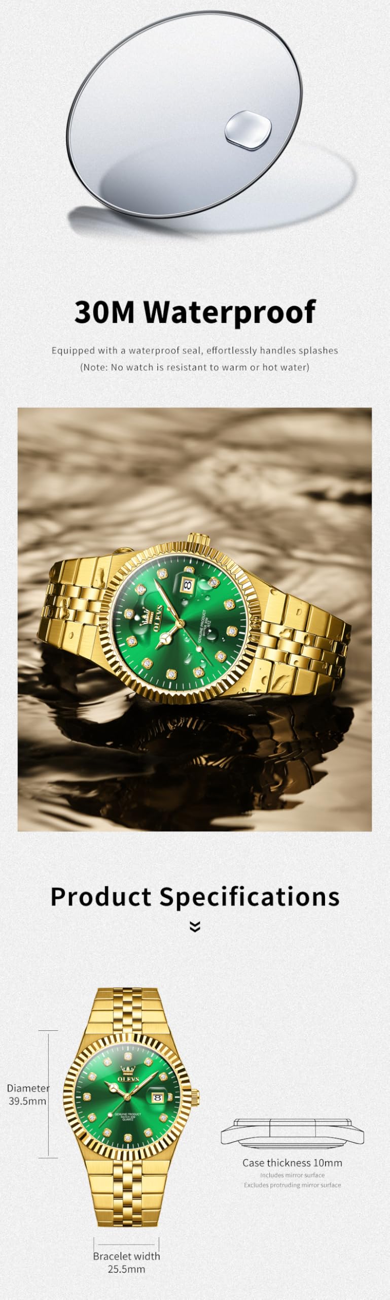 OLEVS Men's Green Two-Tone Diamond Luxury Dress Watch