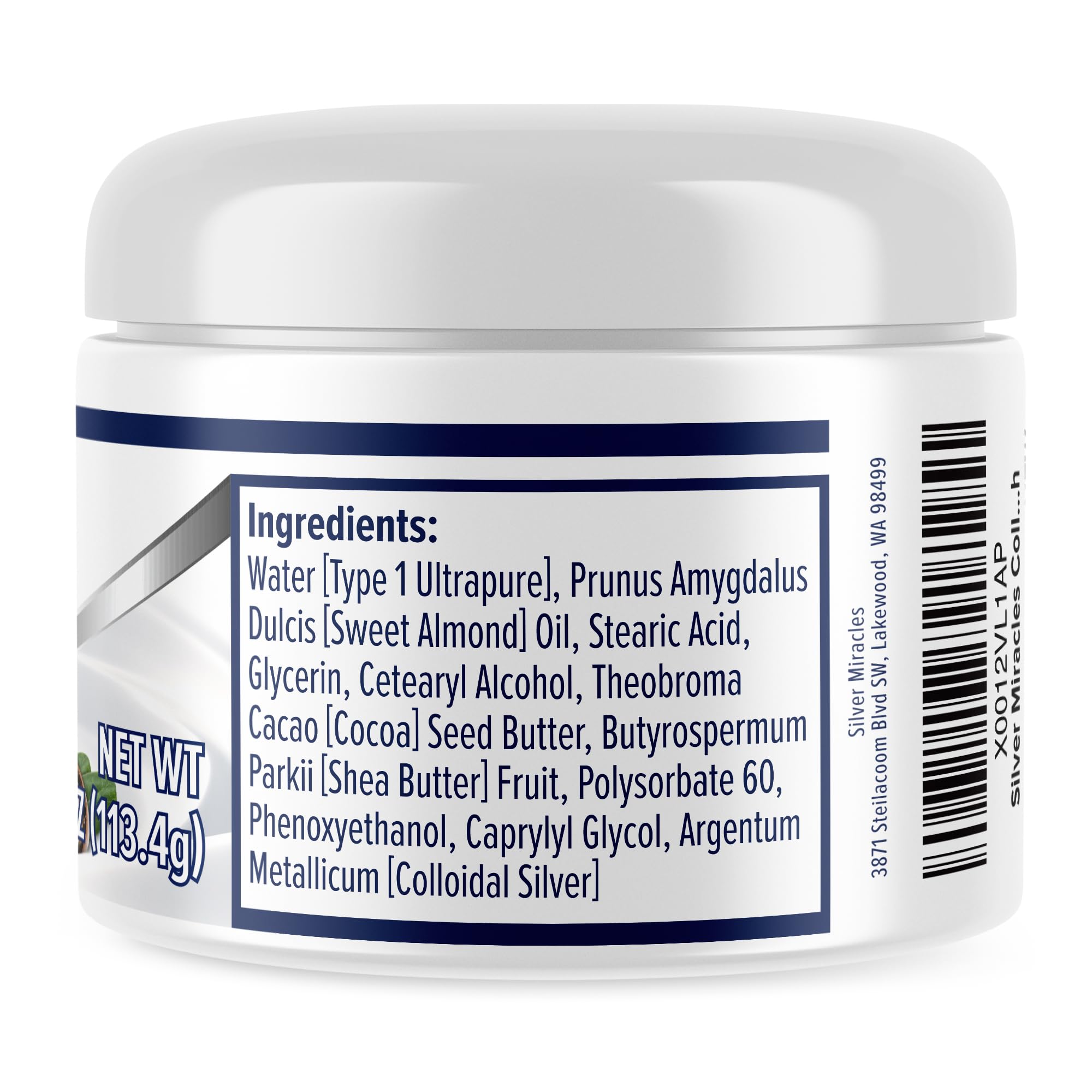 Silver Miracles colloidal silver cream in a 4oz jar, scent-free skin moisturizer with a silver colloidal formula.