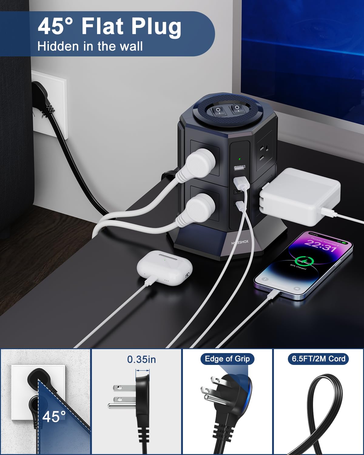 Surge Protector Power Strip Tower Flat Plug Power Strip with - NVEESHOX Official Imagery - 4