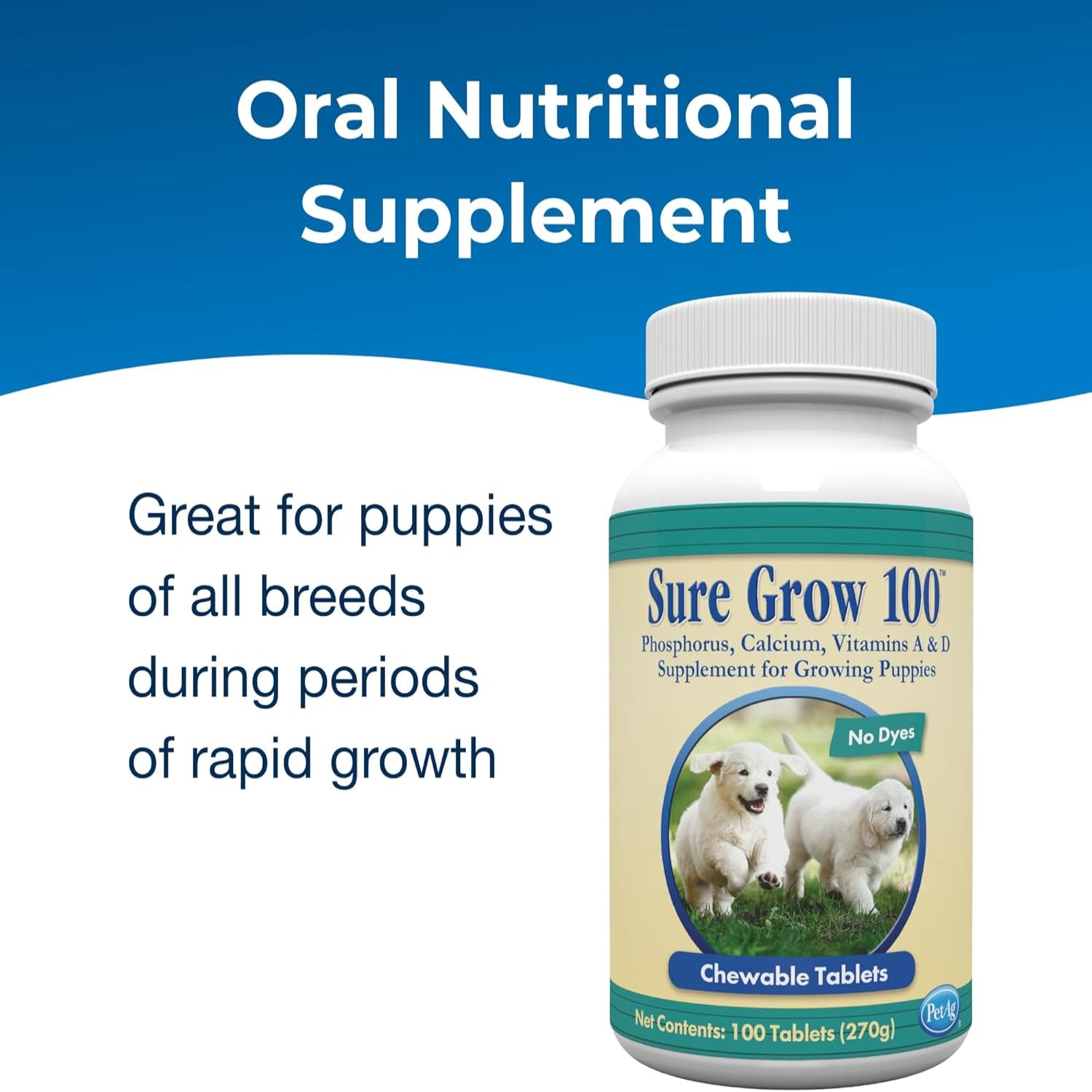 PetAg Sure Grow 100 chewable tablets for puppies promoting bone development with vitamins A and D.