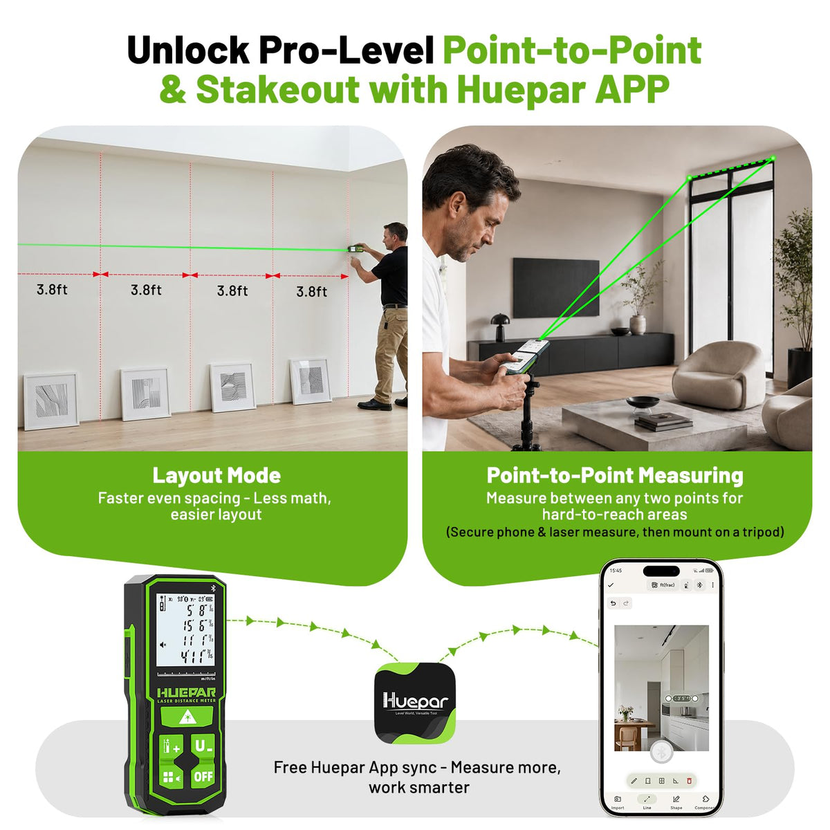 Huepar Bluetooth Green Laser Measuring Tool 330FT S100 G BT - Huepar Official Imagery - 3
