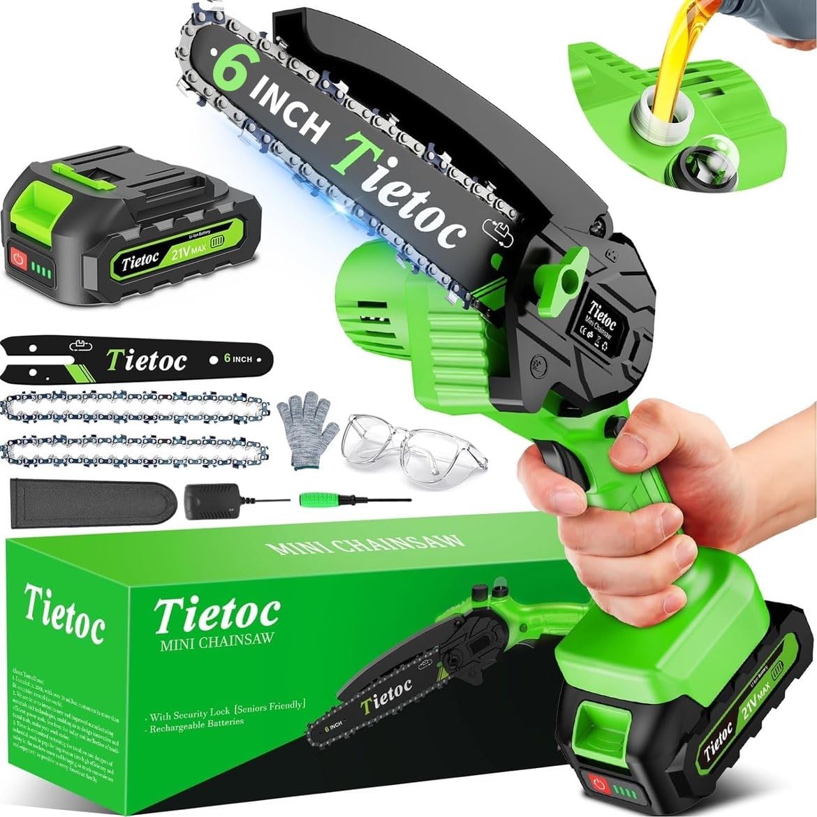 Tietoc Chainsaw 6 Inch Mini Electric Chainsaw Cordless Battery - Product Imagery