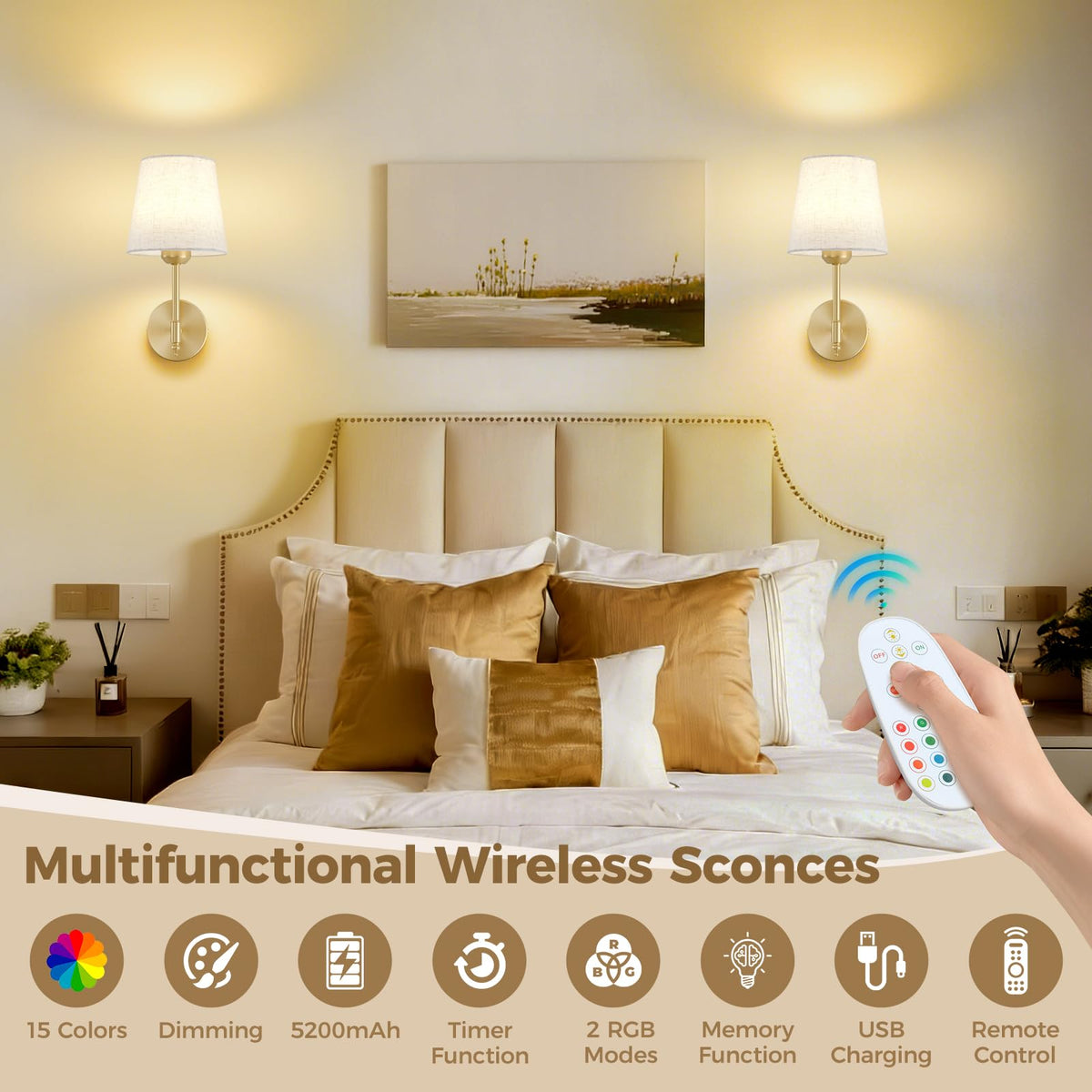 Gold Battery Operated Wall Sconces Rechargeable Wireless - jetffiao Official Imagery - 3