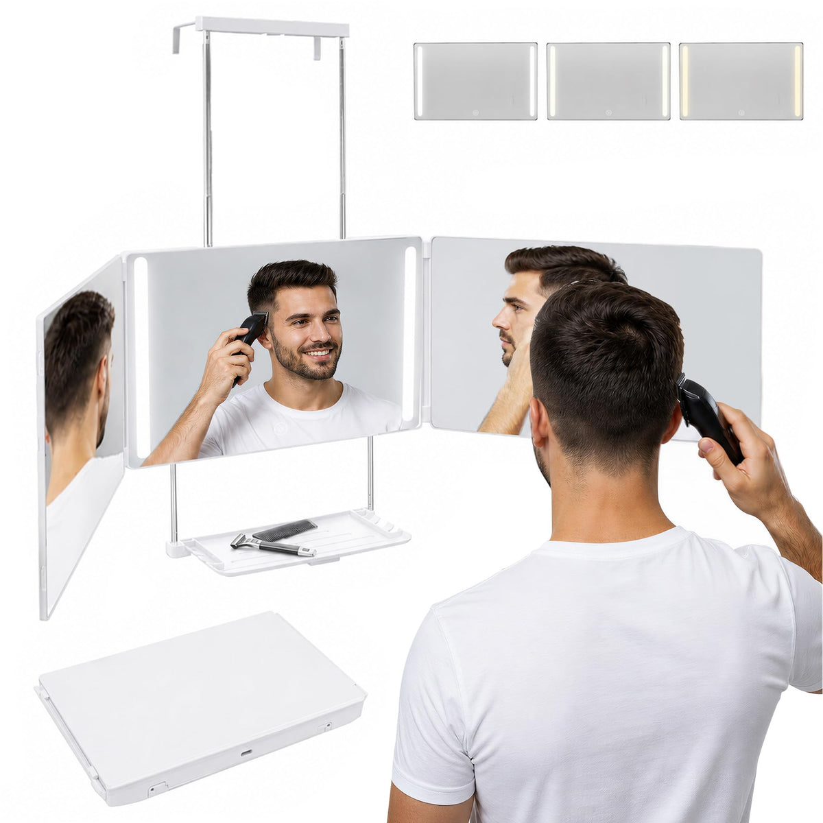 3 Way Mirror with Lights Shelf for Self Hair Cutting - LADETTO Official Imagery - 1