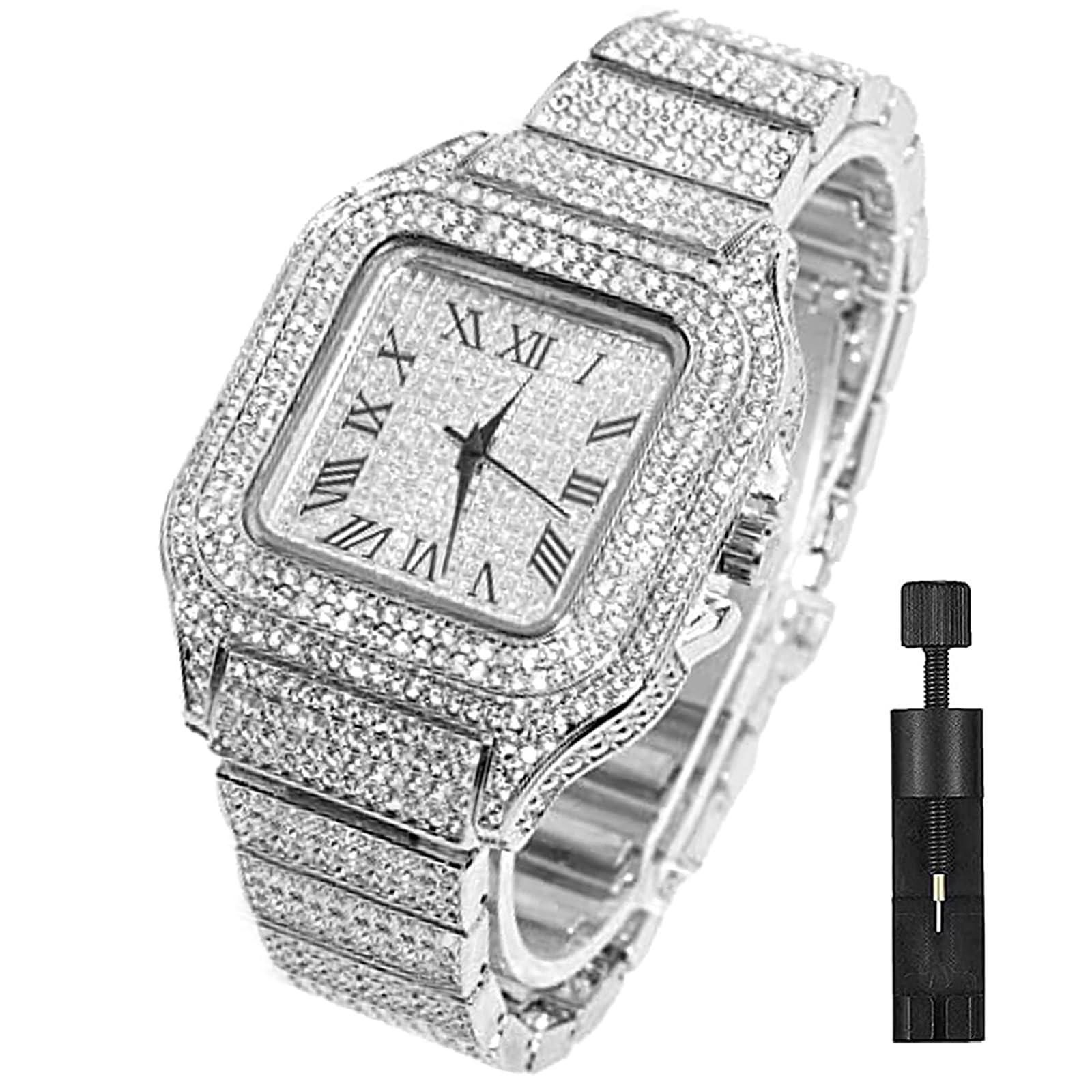 Diamond Iced Out Watch CZ Gold Plated 40mm Width Roman Numerals - Product Imagery