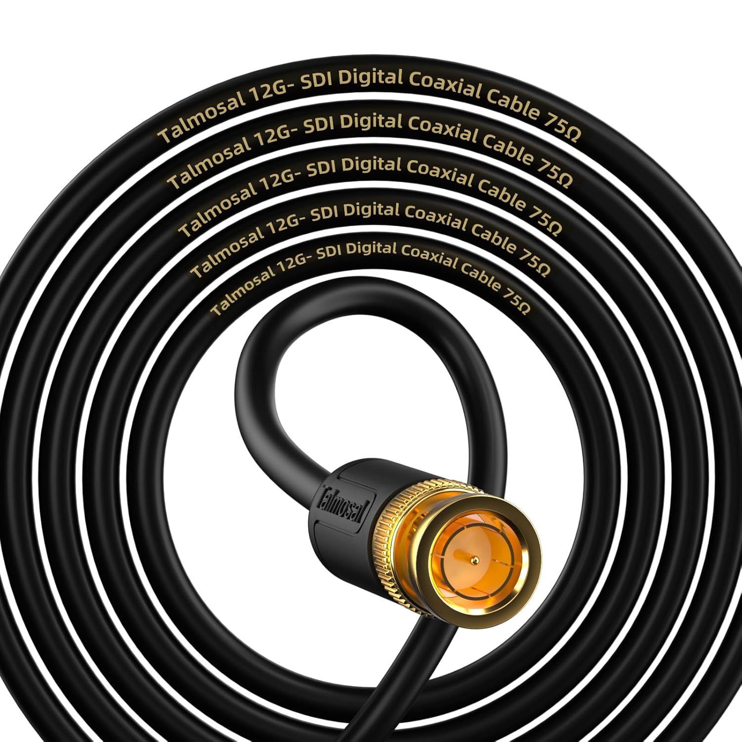 Talmosal 12G SDI 25 ft coaxial cable with BNC connector, supports 4K HD-SDI, 3G-SDI, 6G-SDI, and 12G-SDI video signals