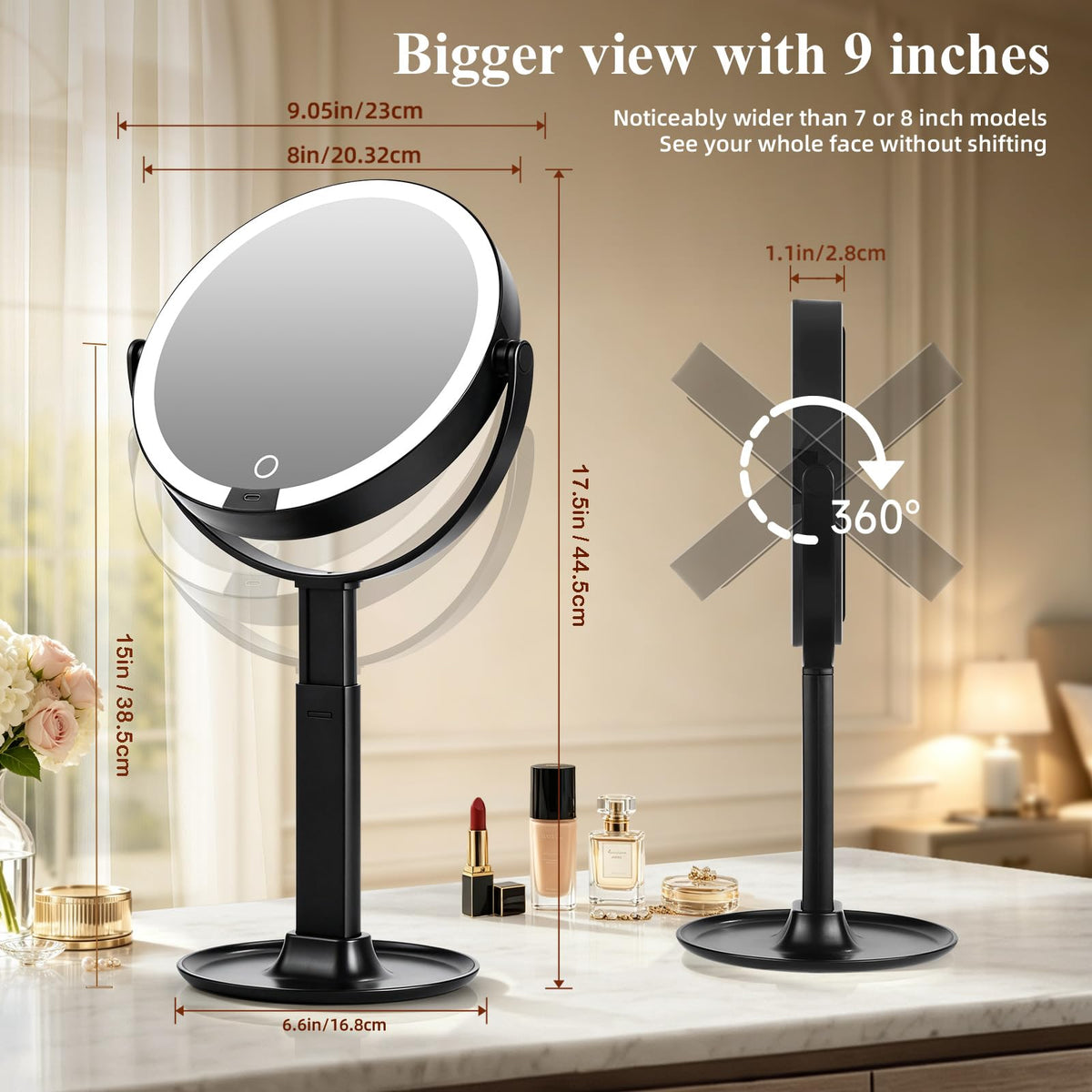 9 2 Sided Makeup Magnifying Mirror with Lights 1X - Qinxinmir Official Imagery - 3