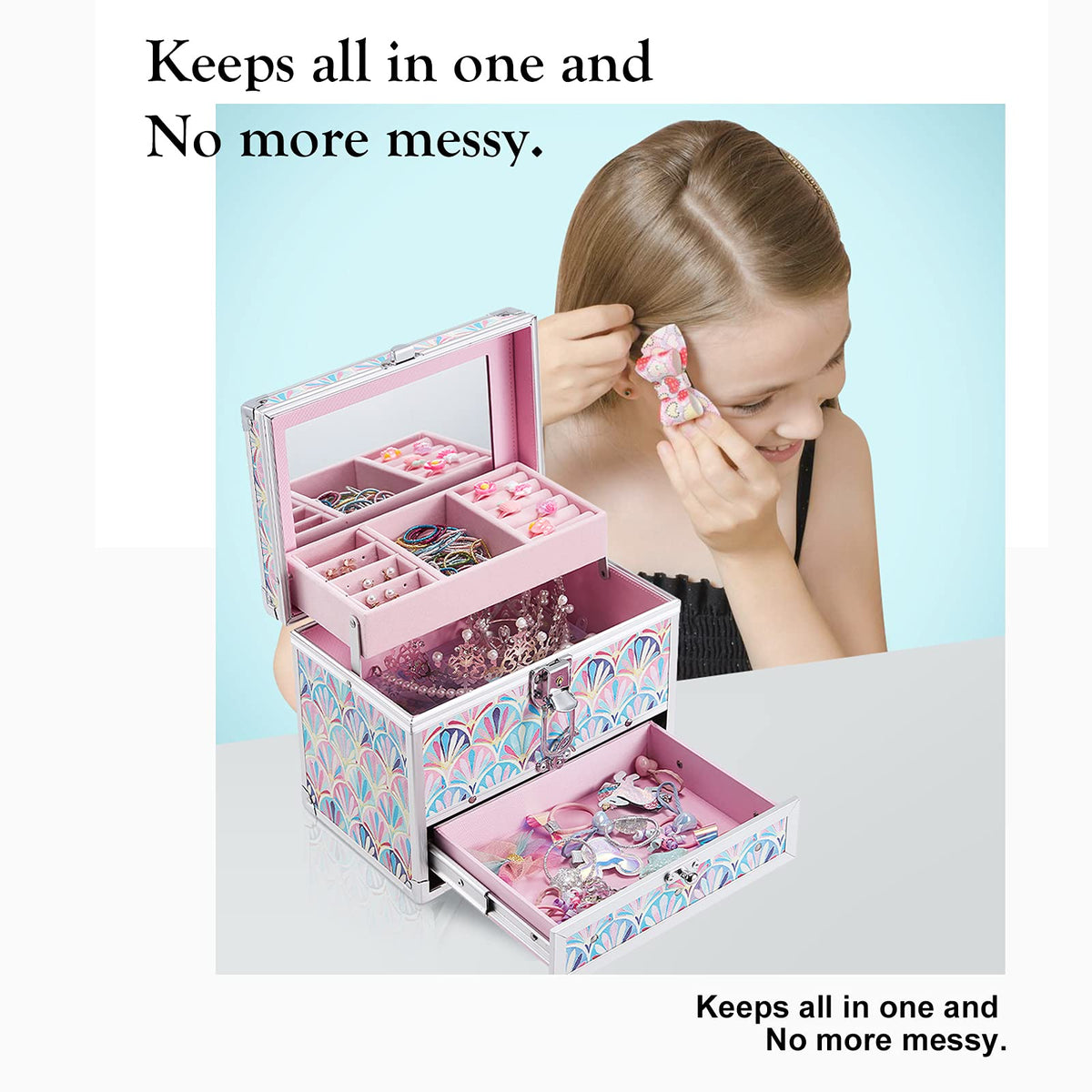 Girls Jewelry Box Organizer with Drawer Mirror Mermaid Tail - Hododou Official Imagery - 4