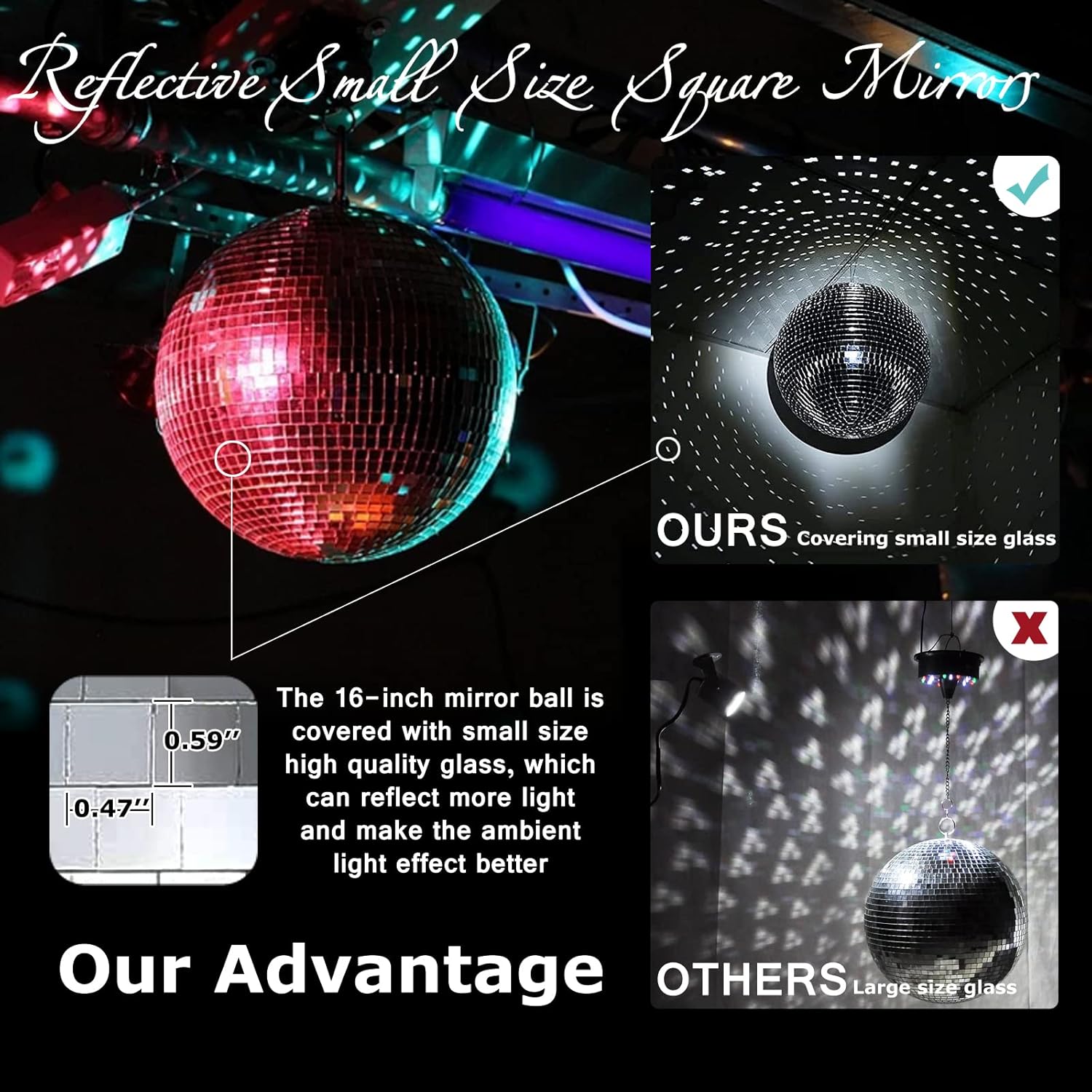 Large 16-inch mirror disco ball with hanging chain, reflective surface for dance parties and disco decor by Youdepot