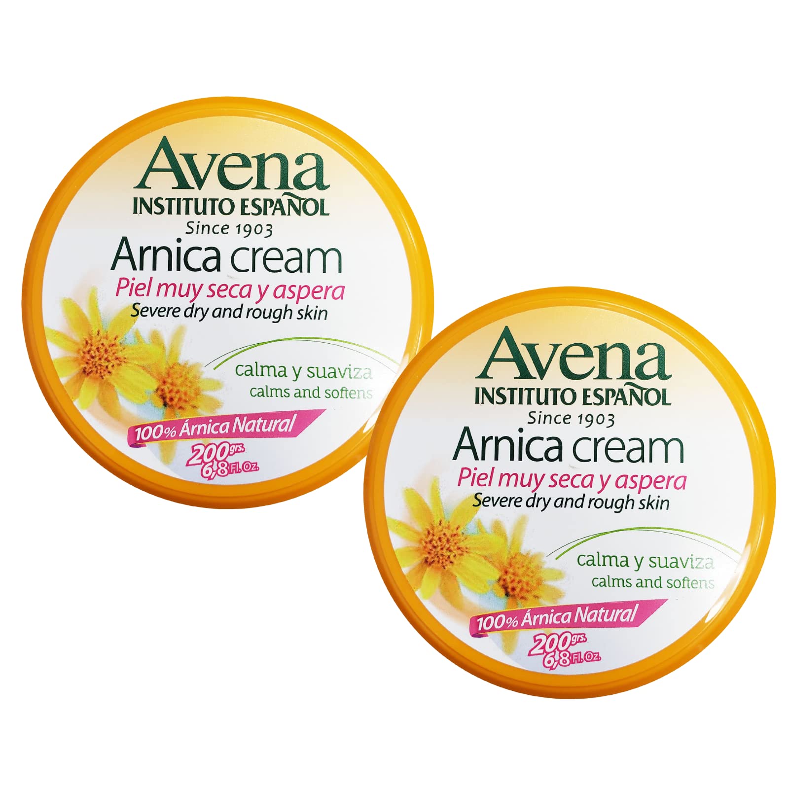 Avena Instituto Espanol Arnica Cream skin moisturizer duo in 6.8 oz containers, featuring natural herbal ingredients.