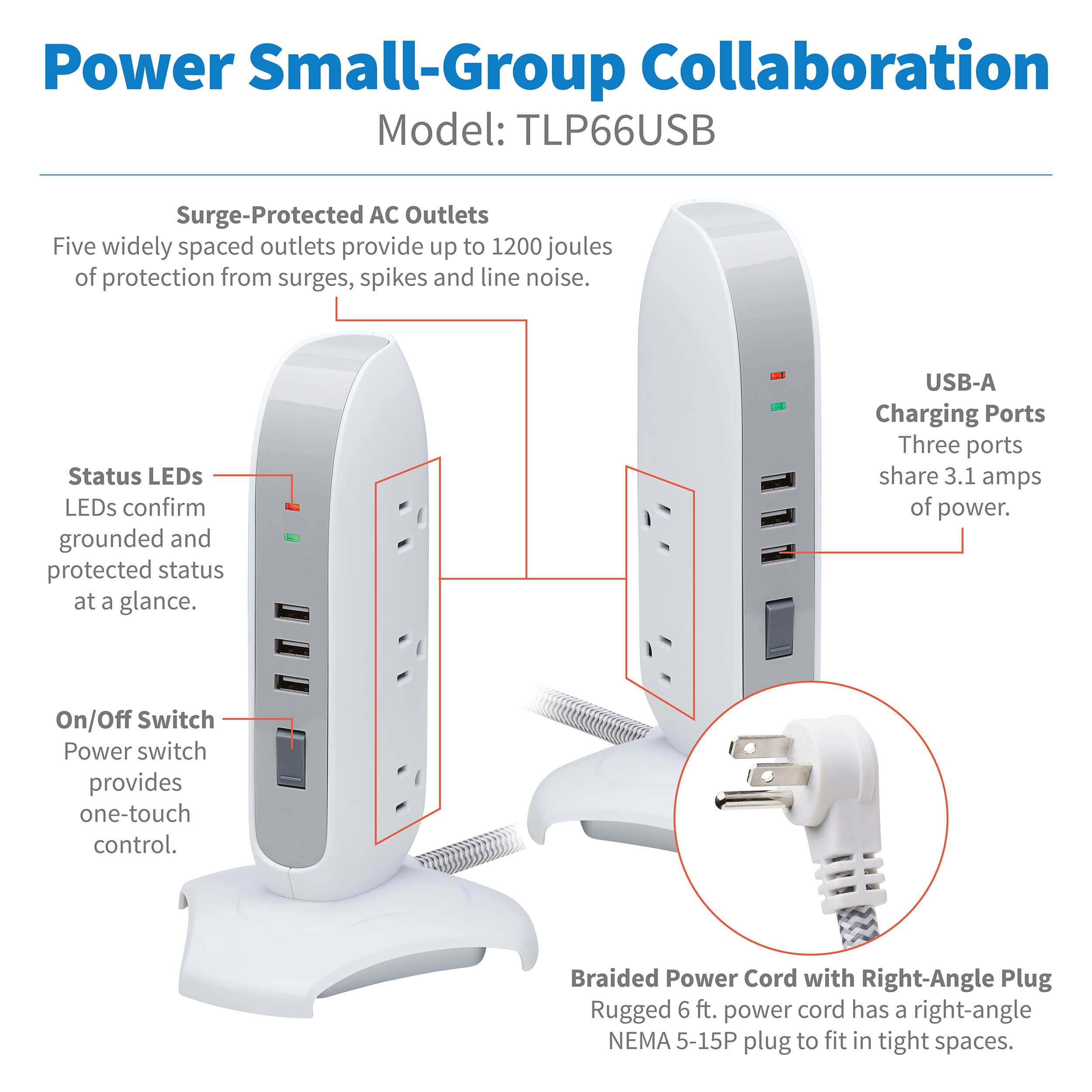 Tripp Lite TLP66USB Surge Protector Tower with USB Ports, 1200 Joules, 5-Outlets, 3 USB Ports, 6ft Heavy-Duty Braided Extension Cord, Desk Charging Tower, Dorm Essentials, Tower Power Strip with Surge