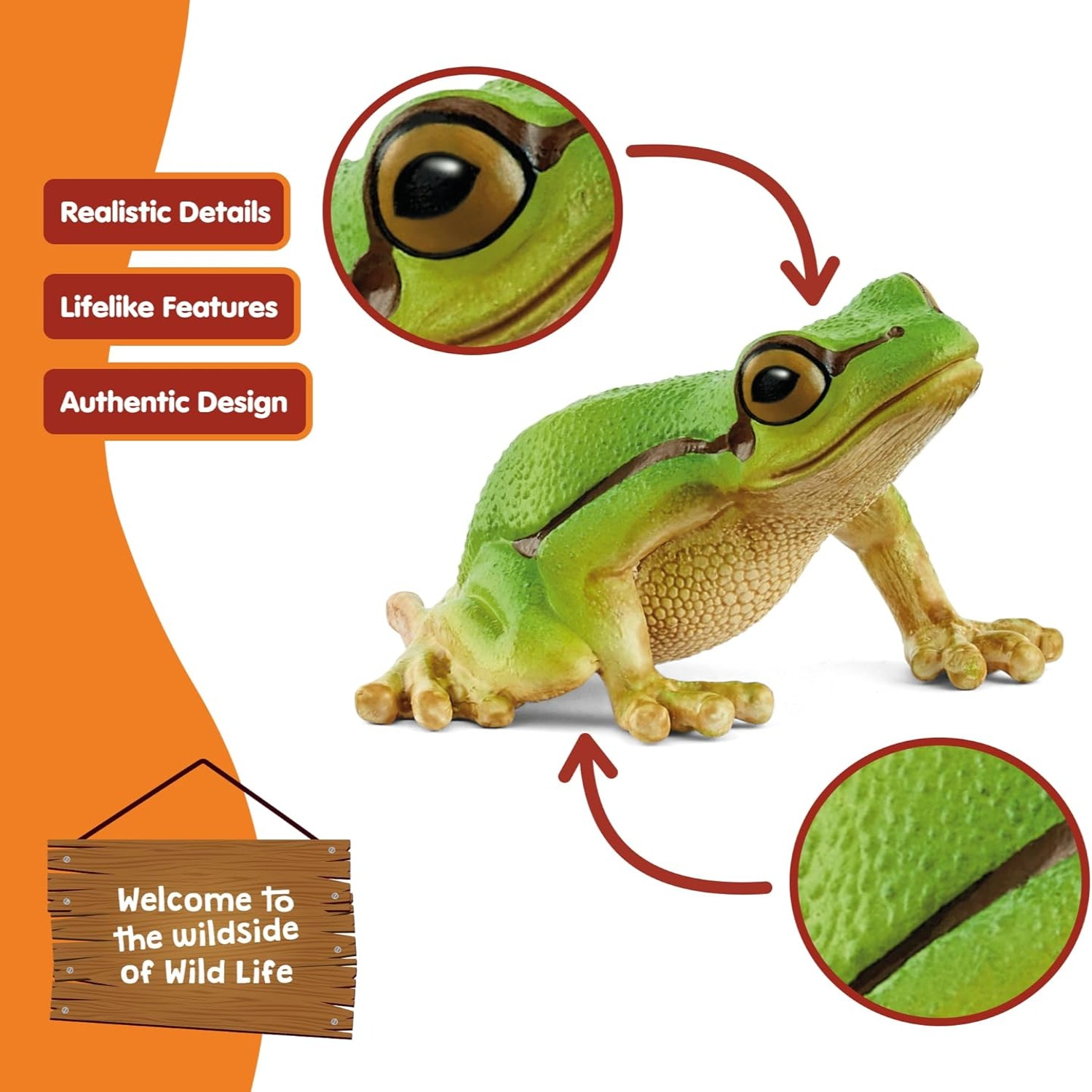 Schleich Wild Life European Tree Frog toy figurine, realistic hand-painted amphibian model with detailed green and brown coloring.