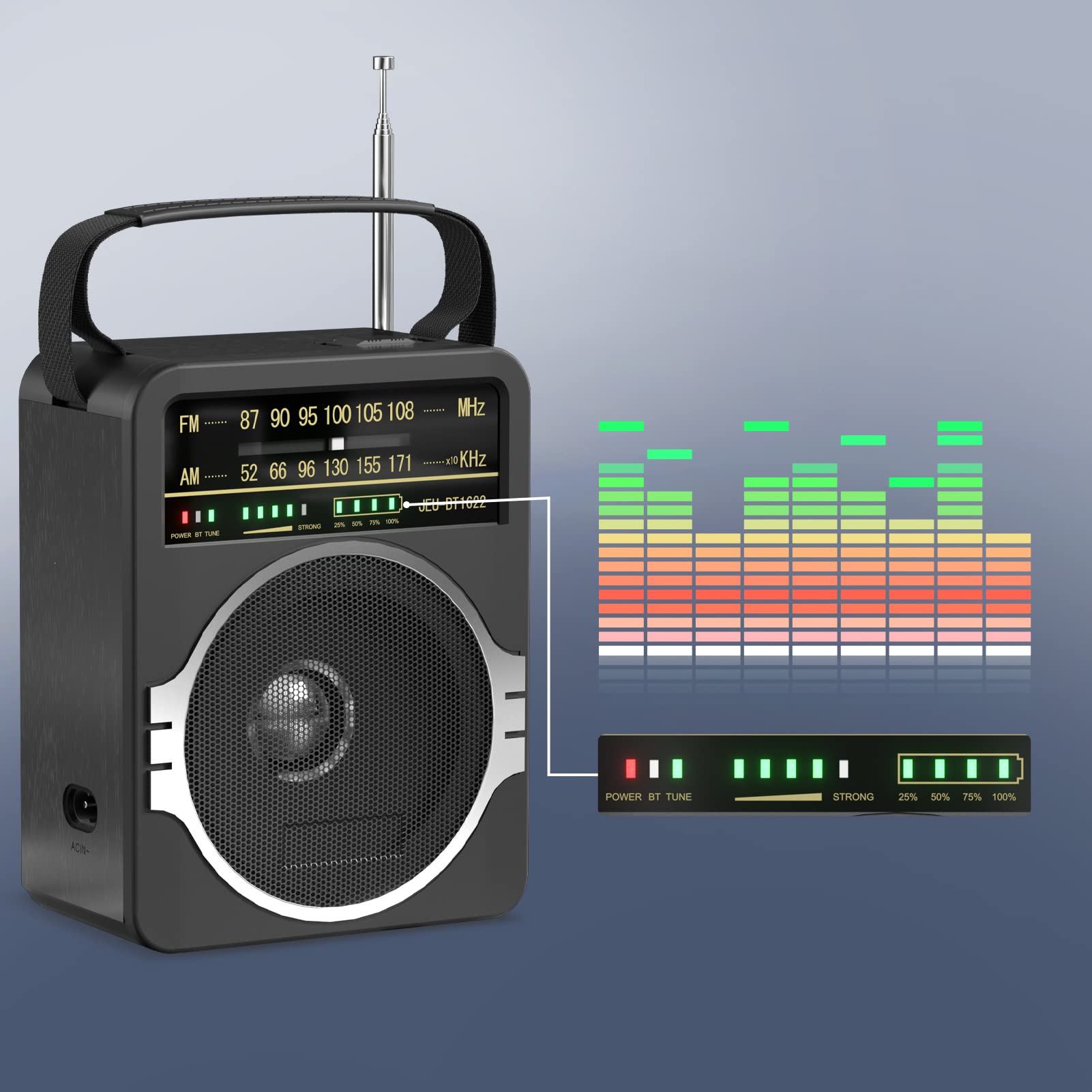 JEUJUG Portable AM FM Bluetooth Radio – 5W Loud Speaker