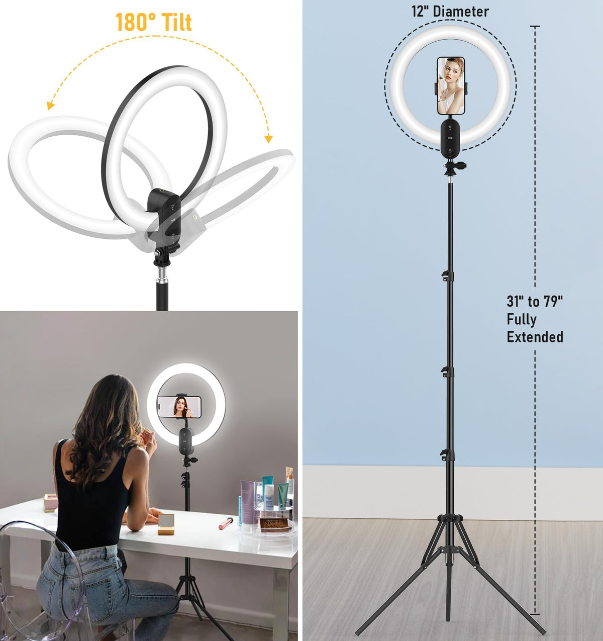 12 inch LED Circle Selfie Ring Light with 63 Tripod Stand - Kmasic Official Imagery - 7