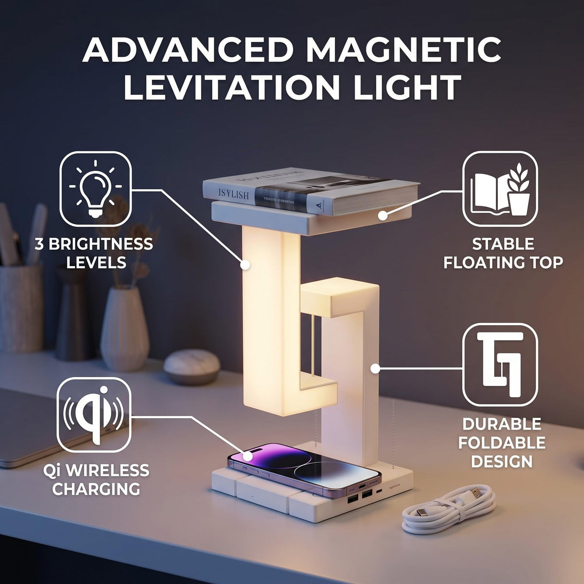 BAFOVY Magnetic Levitating LED Desk Lamp Wireless Charging - Zerone Official Imagery - 4