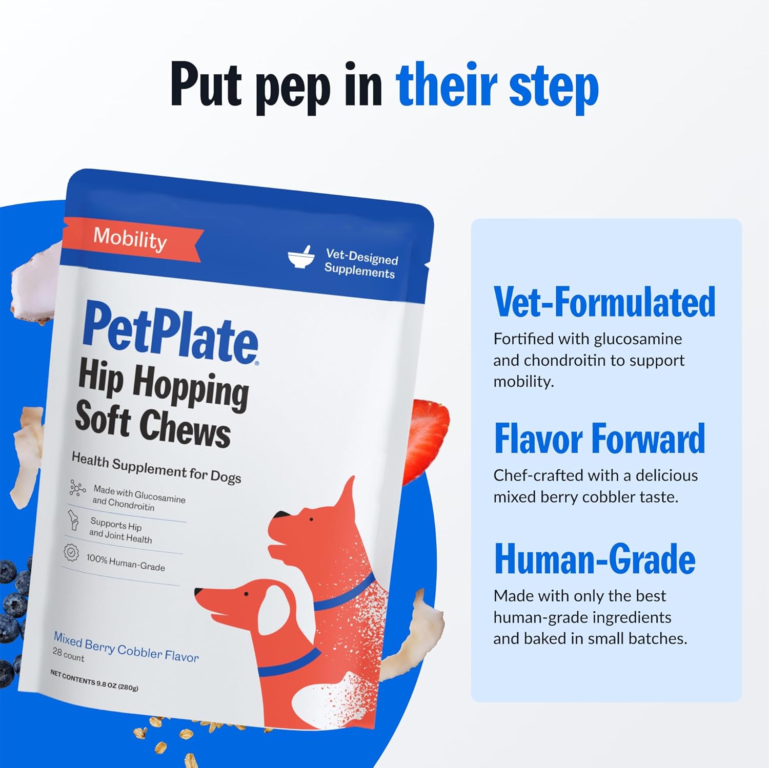Elefair PetPlate Hip Hopping Soft Chews for dogs, hip and joint supplement with chewy texture and healthy ingredients.