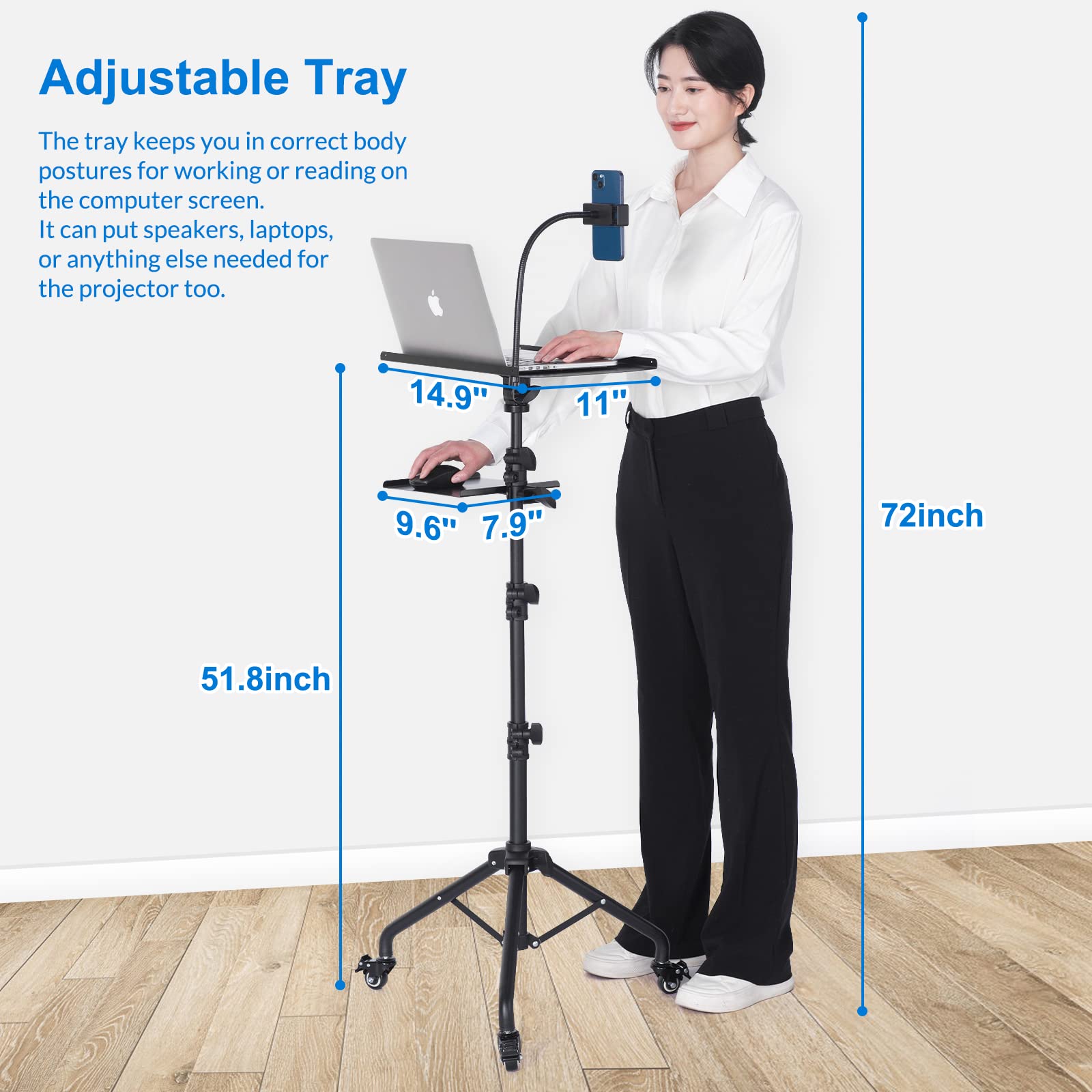 Tossbiss Laptop Tripod on Wheels with 2 Shelves