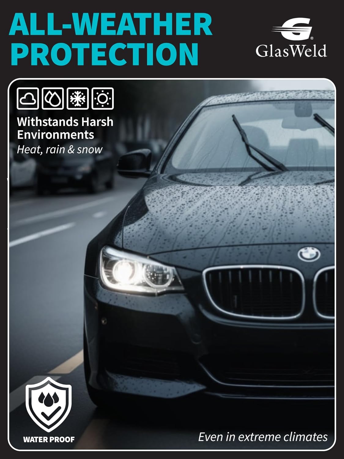 GlasWeld windshield repair resin kit with applicator for fixing glass chips and cracks on auto windshields.