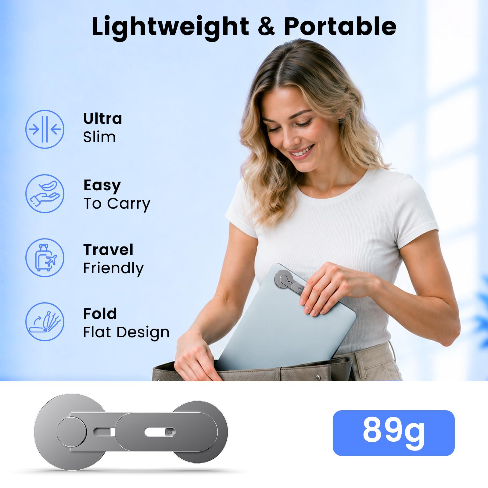 Gray MAGDIGITEH magnetic phone holder for laptops, adjustable 180°, compatible with iPhone 12-17, attaches to Tesla monitors.