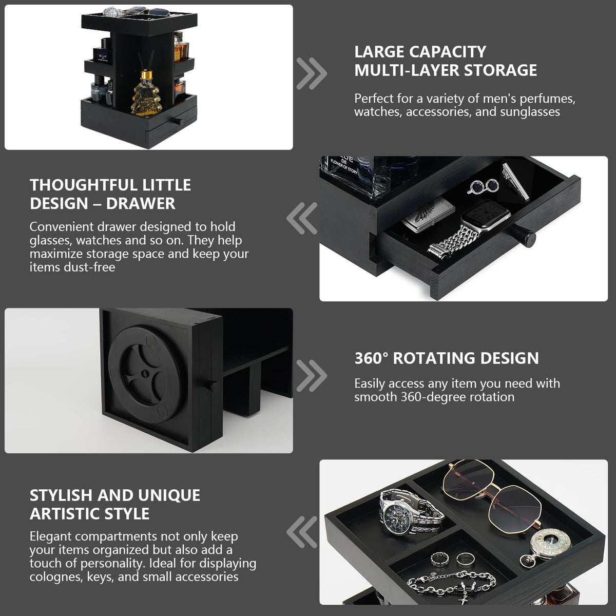 Rotating Cologne Organizer for Men Black Wooden Perfume - VYNOPA Official Imagery - 6