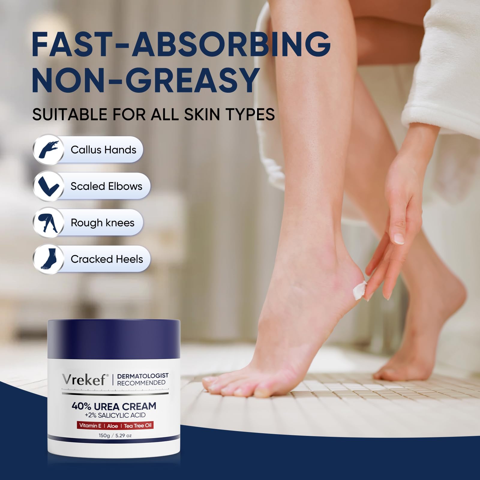 VREKEF 60% Urea Cream with Salicylic Acid for dry heel repair, showing the 5oz moisturizing skin cream container.