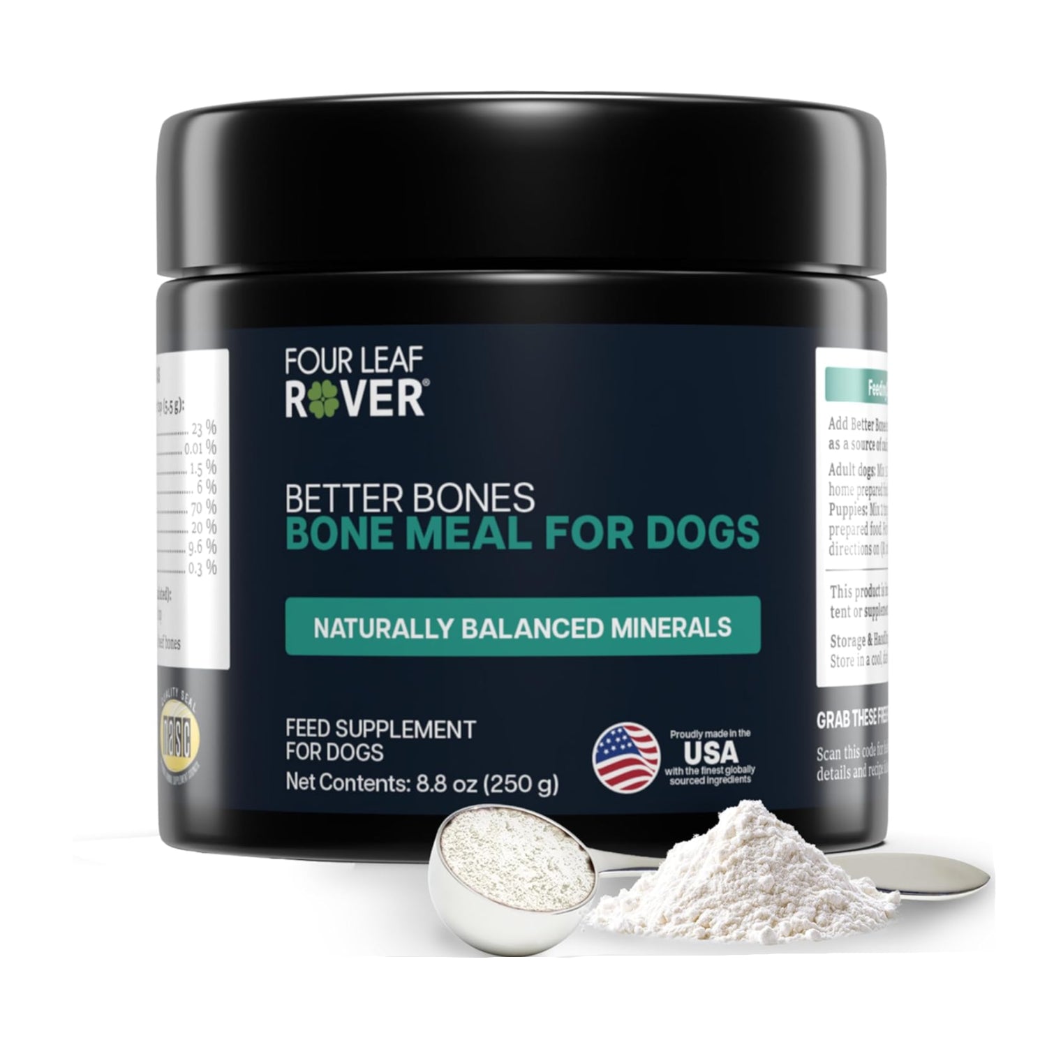 FOUR LEAF ROVER Better Bones bone meal supplement for dogs, made from 100% grass-fed New Zealand beef, supports healthy teeth and bones.