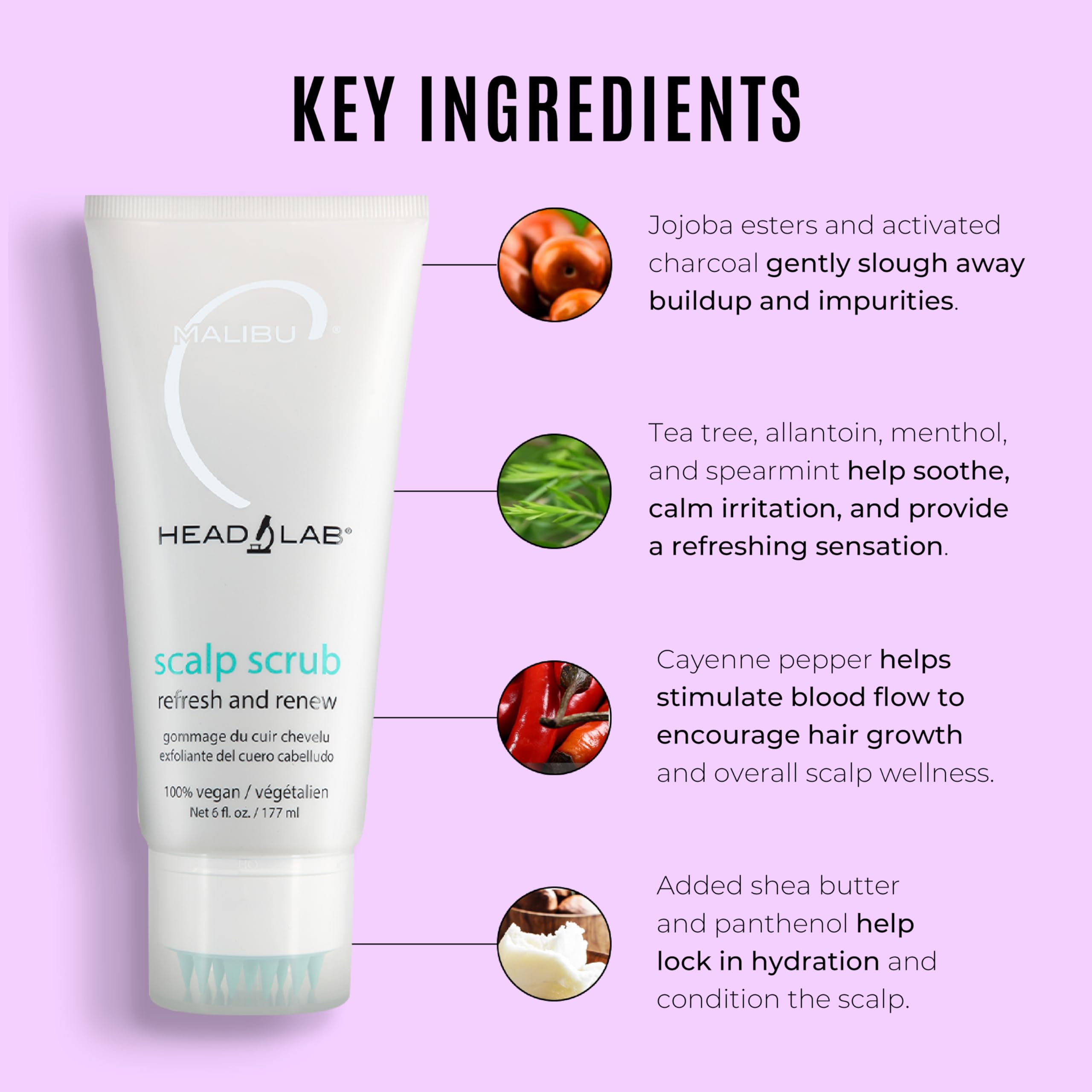 Malibu C Head Lab Scalp Scrub - Gentle Scalp Exfoliator Enriched with Activated Charcoal and Jojoba Esters - Clean, Vegan Hair Care (6 oz)