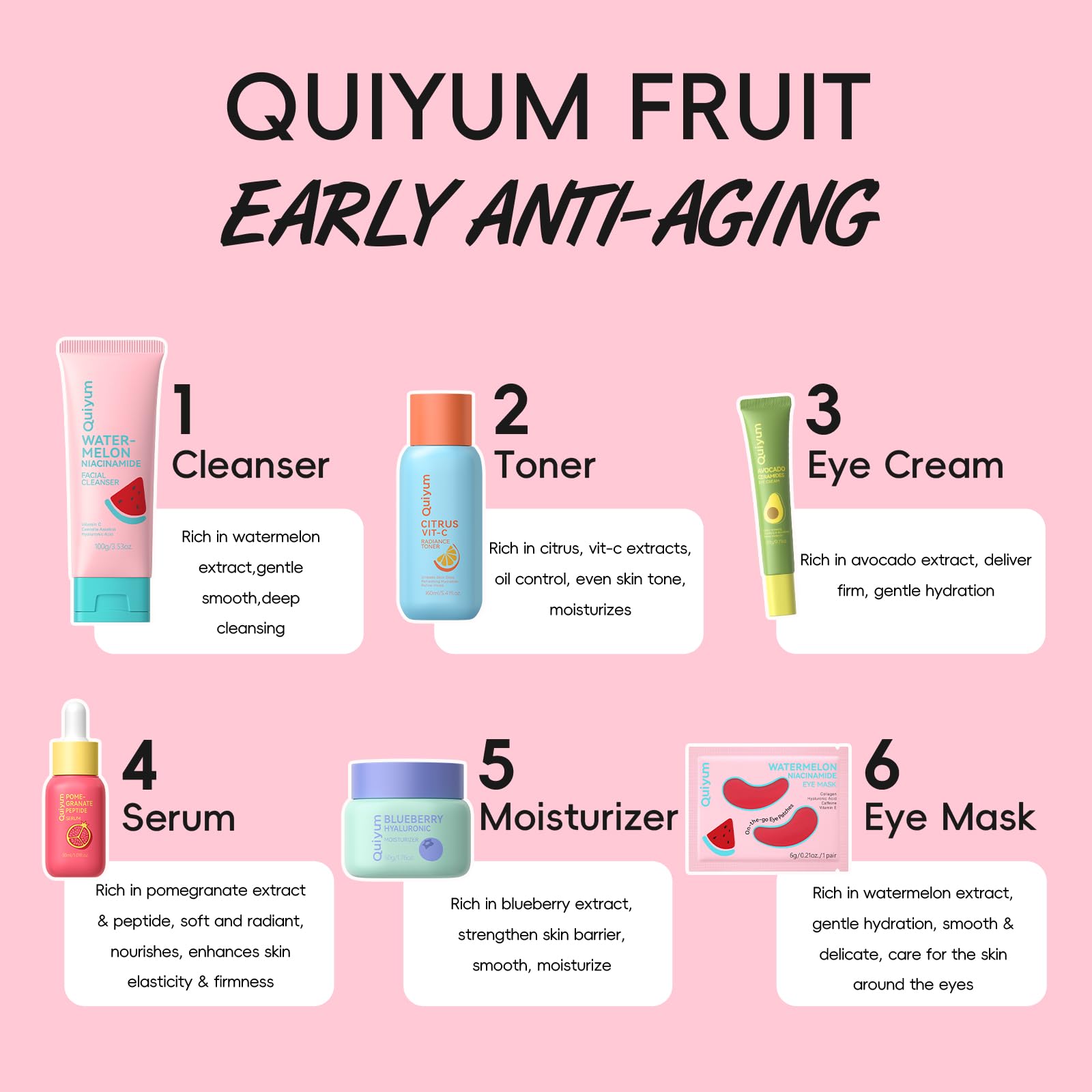 Daily Skincare Set for Young Women, 6-Piece Facial Care Routine - QUIYUM