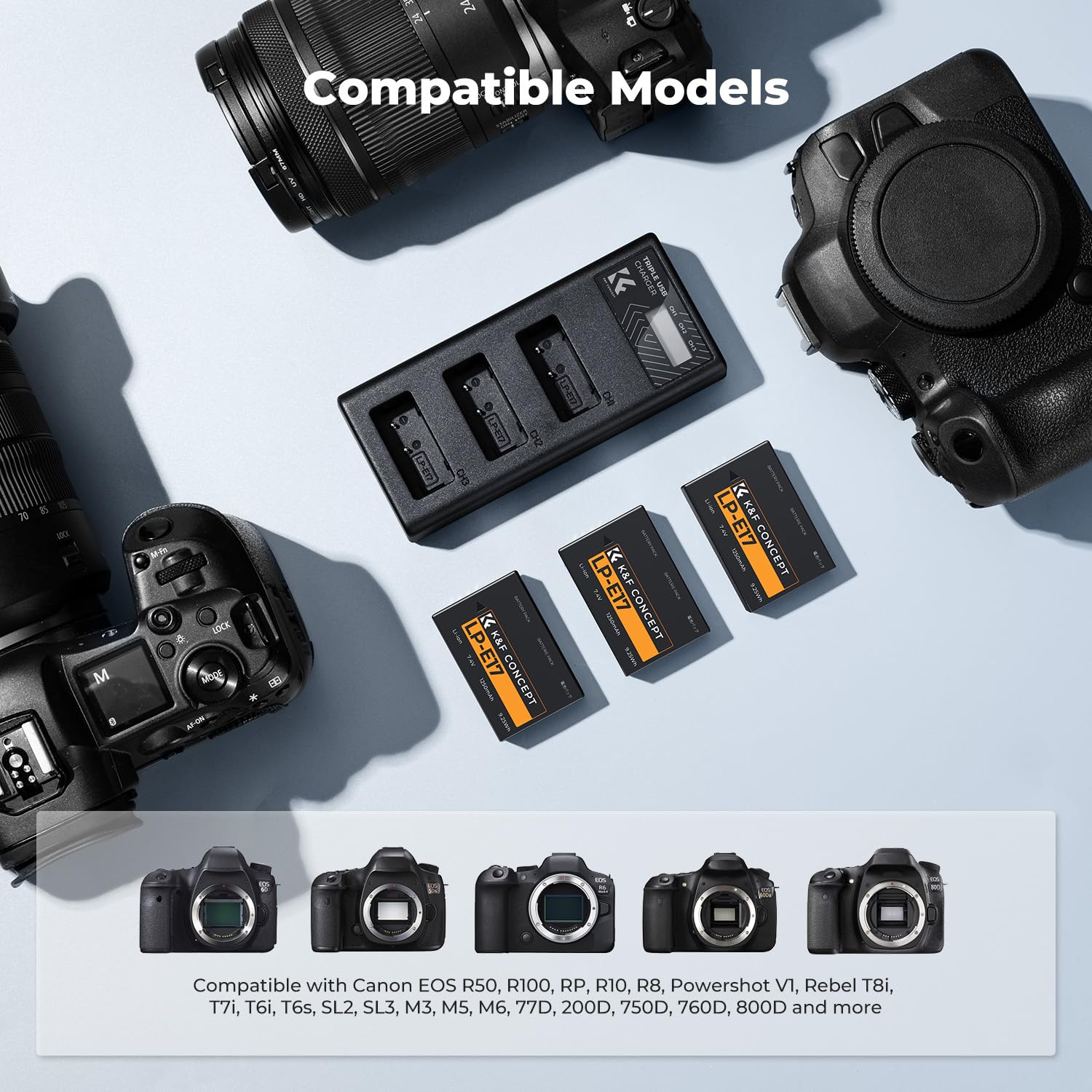 K&F CONCEPT LP-E17 camera battery 3-pack with 3-slot LCD charger for compatible DSLR or mirrorless cameras.