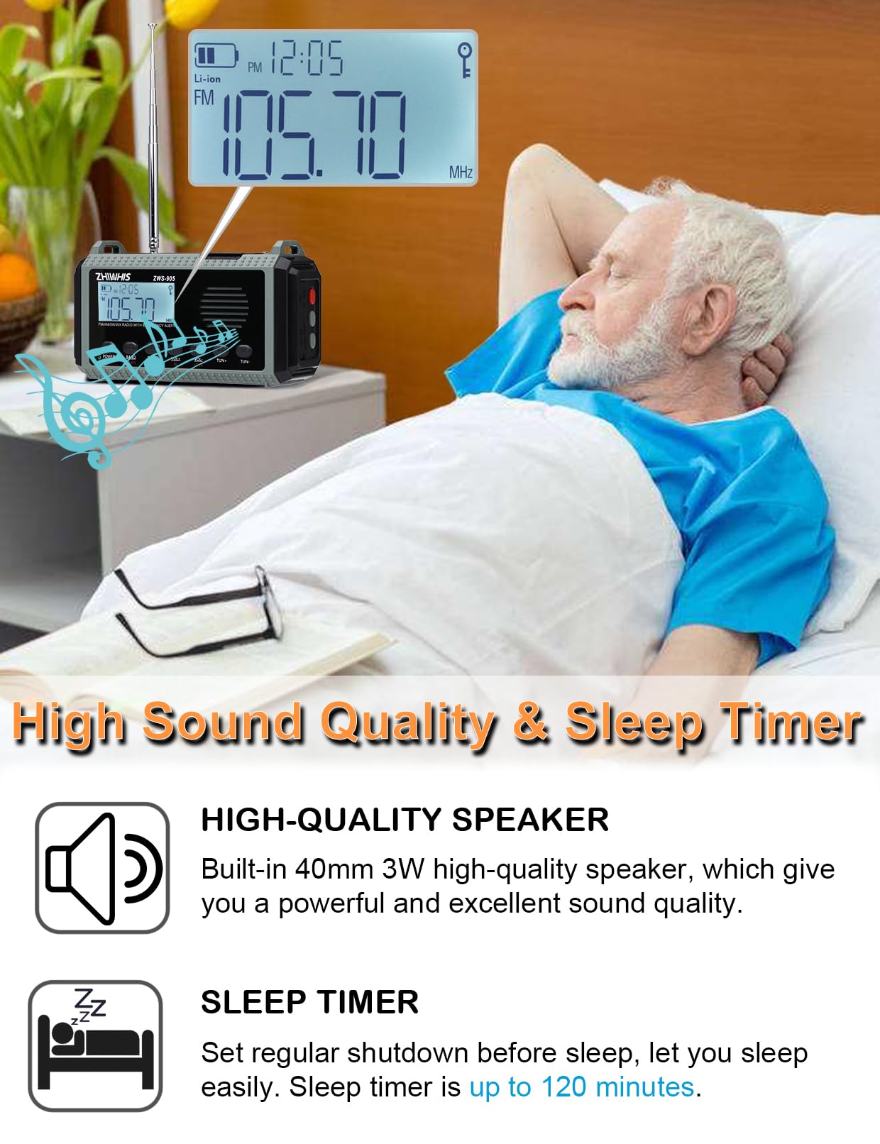 ZHIWHIS Emergency Radio with Auto NOAA Alerts, 10000mAh AM FM SW by ZHIWHIS - Angle View 7